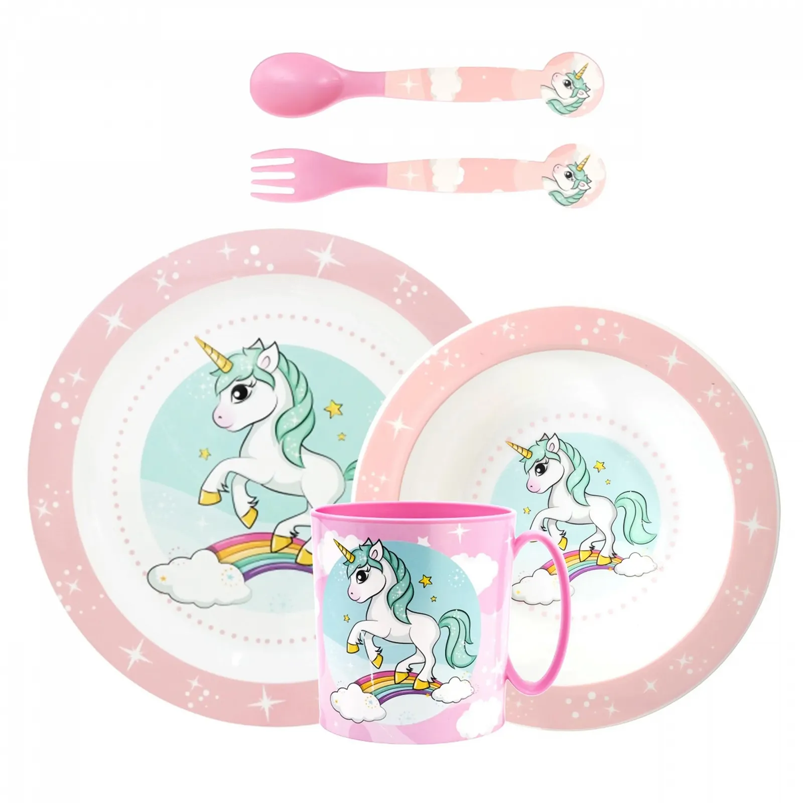 Набор детской посуды Sorrisini Единорог (тарелка, миска, столовые приборы, чашка) из твердого пластика для микроволновой печи, фото №1 Набор детской посуды Sorrisini Единорог (тарелка, миска, столовые приборы, чашка) из твердого пластика для микроволновой печи, фото №1