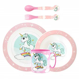 Набор детской посуды Sorrisini Единорог (тарелка, миска, столовые приборы, чашка) из твердого пластика для микроволновой печи - Фото 1
