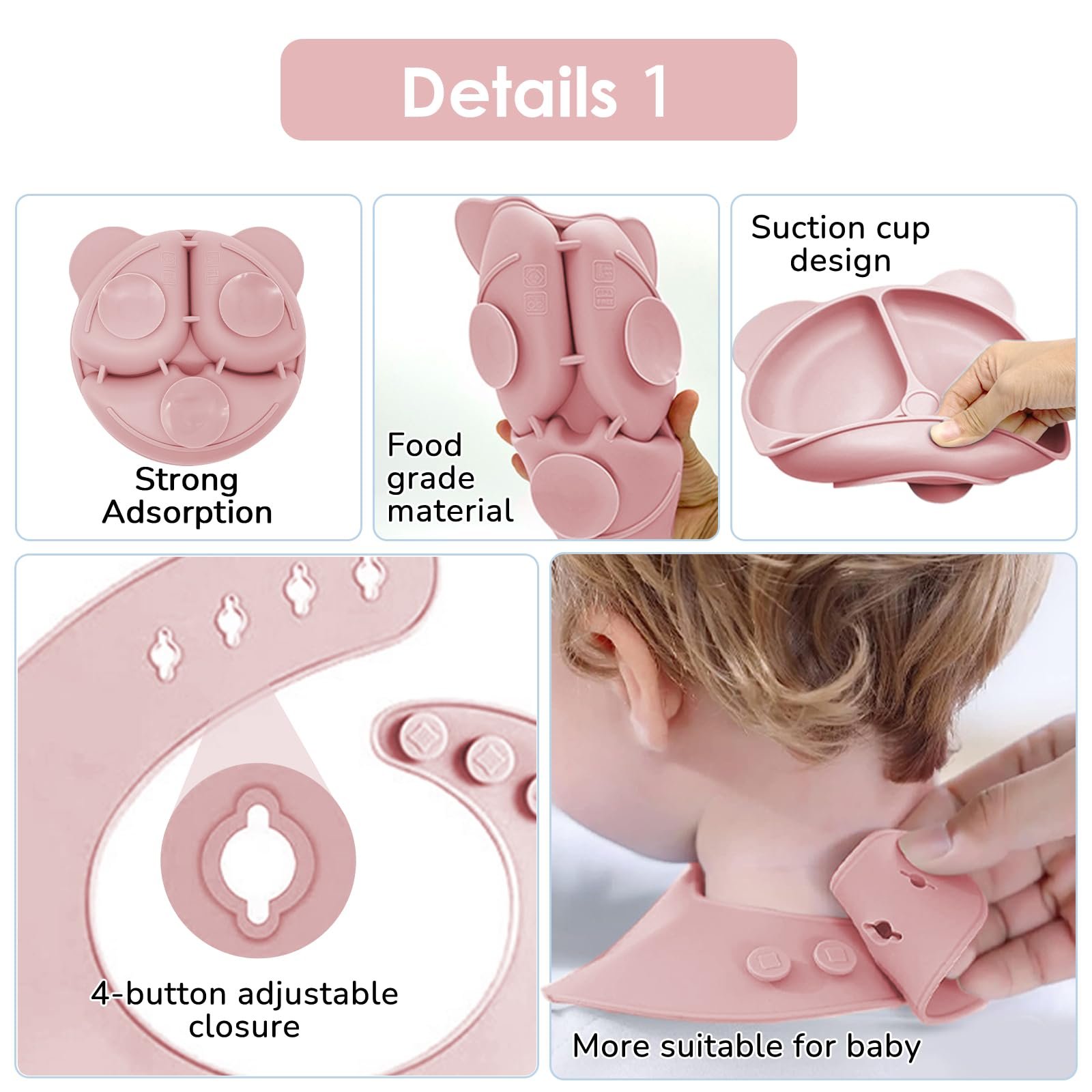 Набор детской посуды Bizcasa, 14 предметов, силиконовый детских столовых приборов для прикорма, нескользящий, тарелка, миска, слюнявчик, ложка, вилка, фрутовий ниблер, контейнер для заморозки детской каши, прорезыватель для зубов, без BPA, светло-розовый, фото №3 Набор детской посуды Bizcasa, 14 предметов, силиконовый детских столовых приборов для прикорма, нескользящий, тарелка, миска, слюнявчик, ложка, вилка, фрутовий ниблер, контейнер для заморозки детской каши, прорезыватель для зубов, без BPA, светло-розовый, фото №3