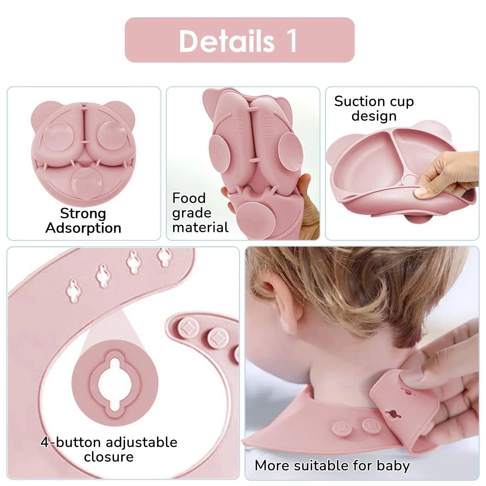 Набір дитячого посуду Bizcasa, 14 предметів, силіконовий дитячих столових приборів для прикорму, нековзний, тарілка, миска, слюнявчик, ложка, виделка, фрутовий ніблер, контейнер для заморожування дитячої каші, прорізувач для зубів, без BPA, світло-рожевий, фото №3 Набір дитячого посуду Bizcasa, 14 предметів, силіконовий дитячих столових приборів для прикорму, нековзний, тарілка, миска, слюнявчик, ложка, виделка, фрутовий ніблер, контейнер для заморожування дитячої каші, прорізувач для зубів, без BPA, світло-рожевий, фото №3