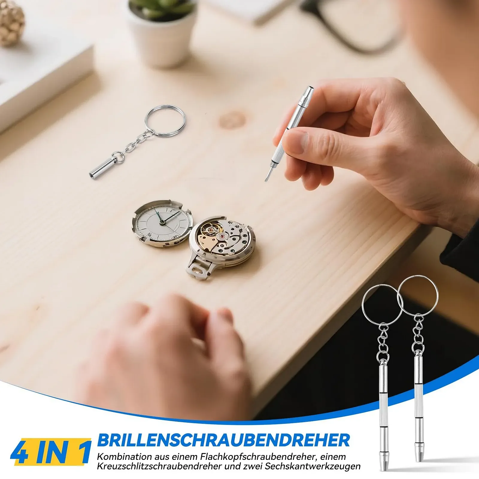 Міні-викрутка прецизійна 4 в 1 брелок-мультитул для окулярів та годинників нержавіюча сталь 2 шт., фото №6