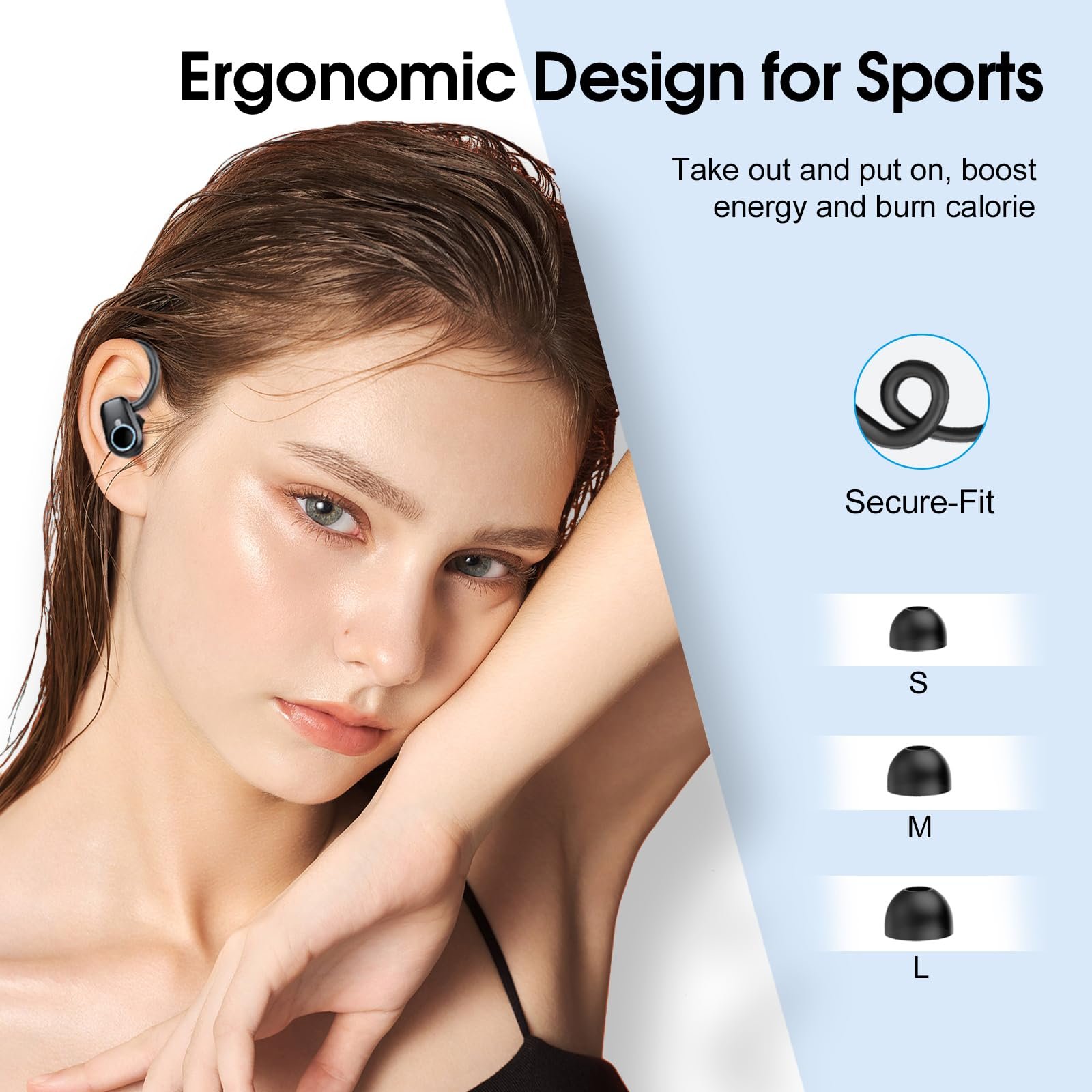 Bluetooth Спортивные наушники Poounur H9, беспроводные Bluetooth 5.3 наушники с ENC микрофоном, 50 часов Hi-Fi стерео глубокий бас, IP7 водонепроницаемые беспроводные наушники с ушными крючками для спорта, фото №7