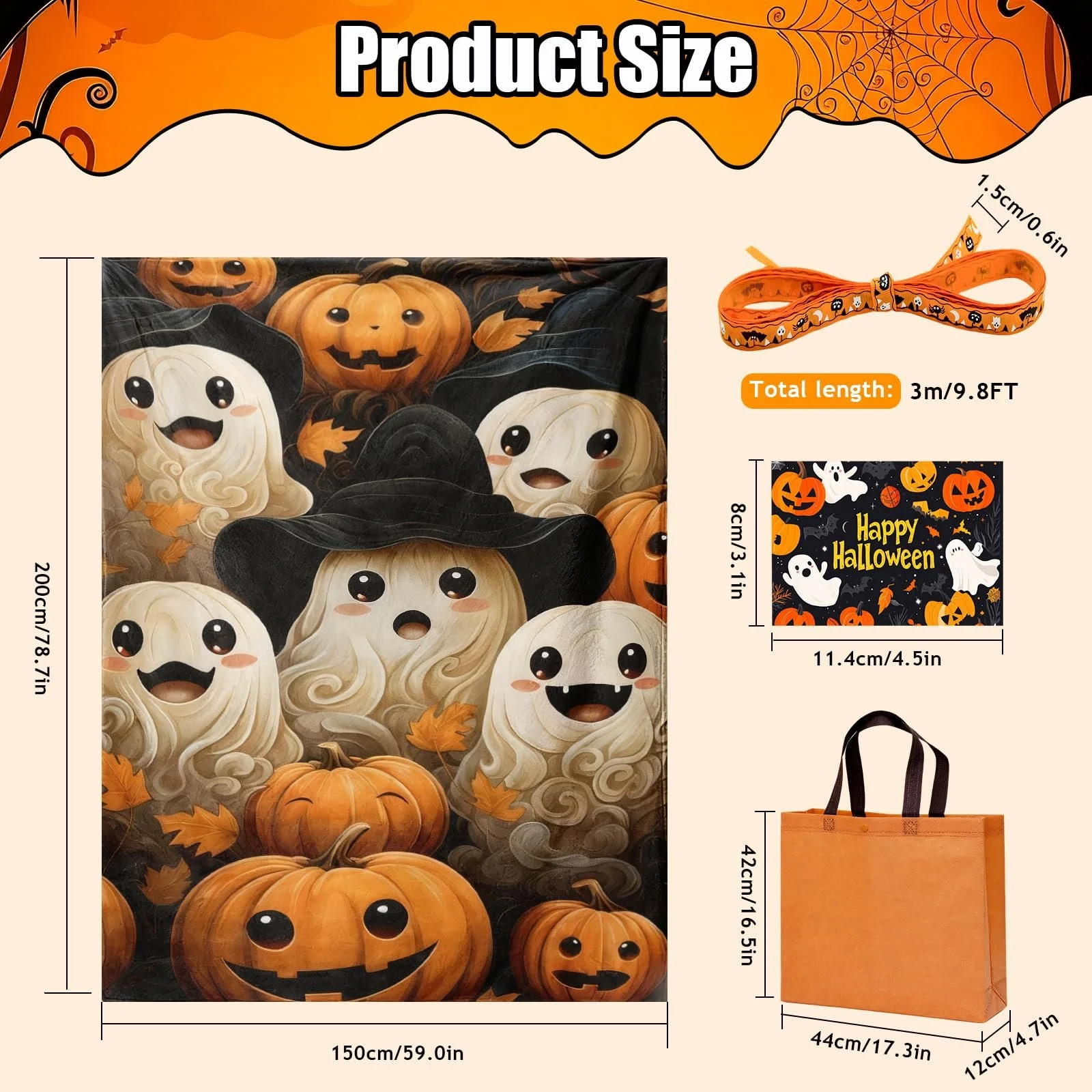 Покривало Nlqhyrexion Halloween, 150 x 200 см, пухнаста, м'яка - подарунковий набір з мотивами гарбуза та привида, фото №2