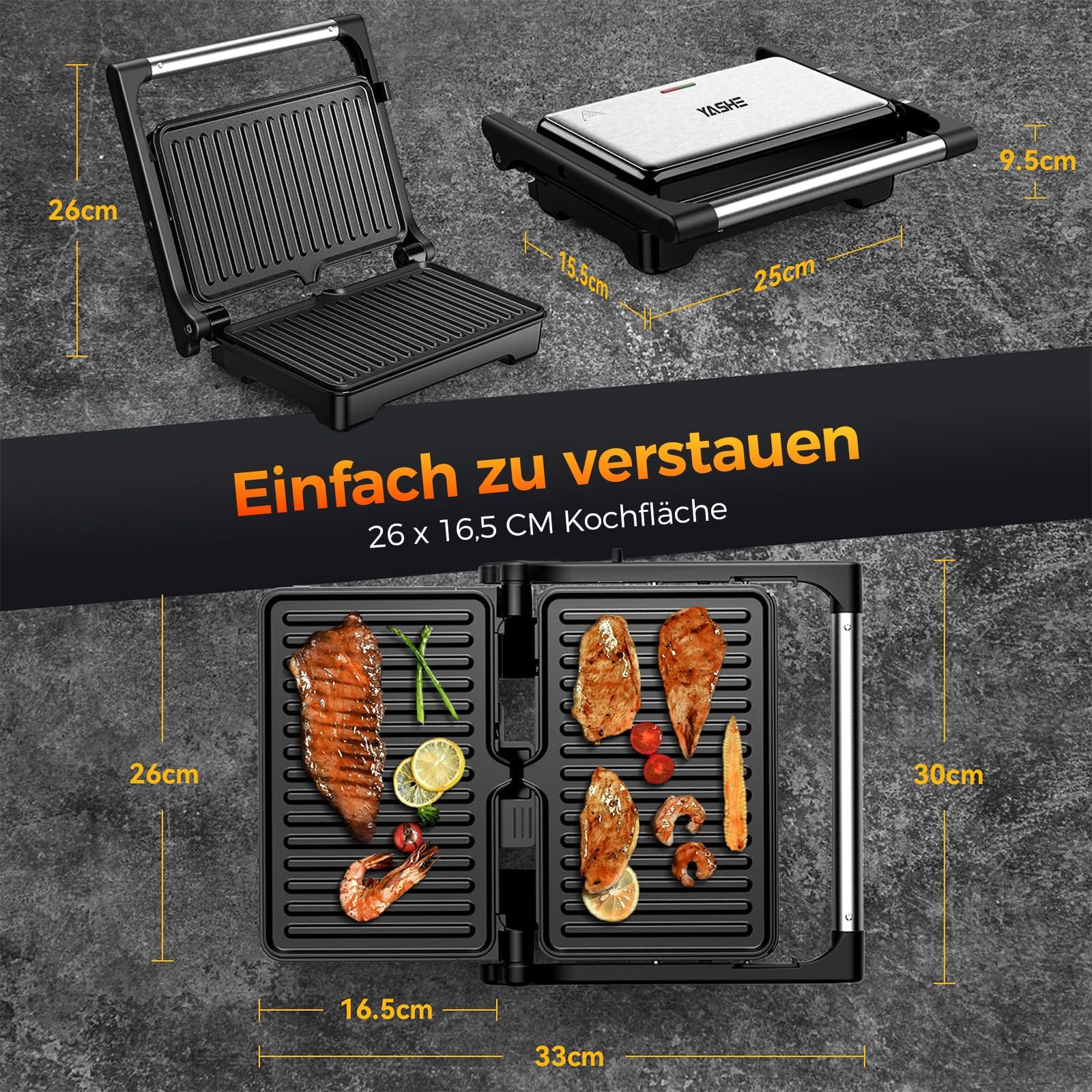 Гриль YASHE 1500 Вт, гриль для паніні, XXL пластини з антипригарним покриттям, автоматичний контроль температури, фото №5