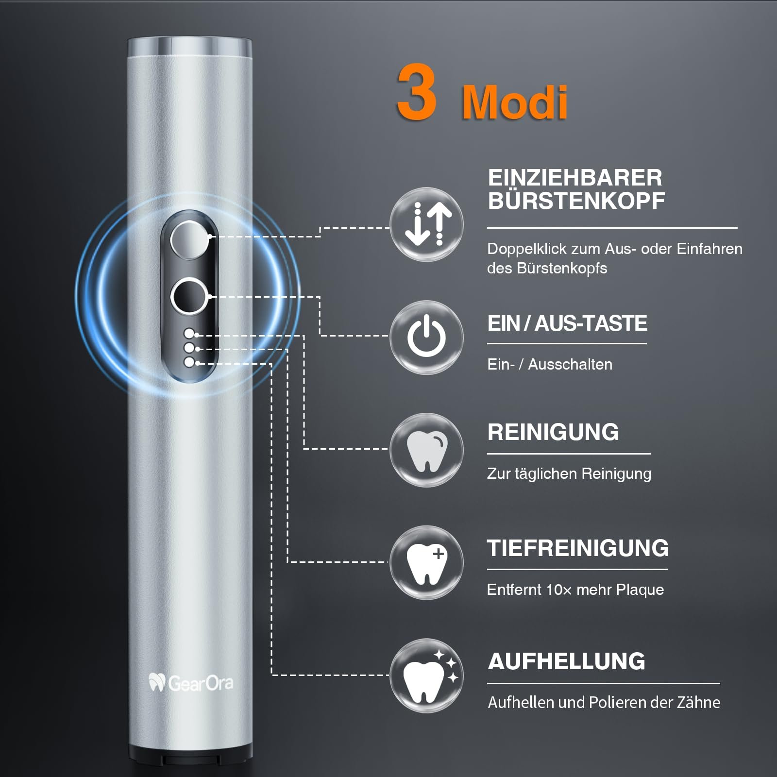 Електрична зубна щітка GearOra з UVC-стерилізацією антибактеріальна Срібляста, фото №4