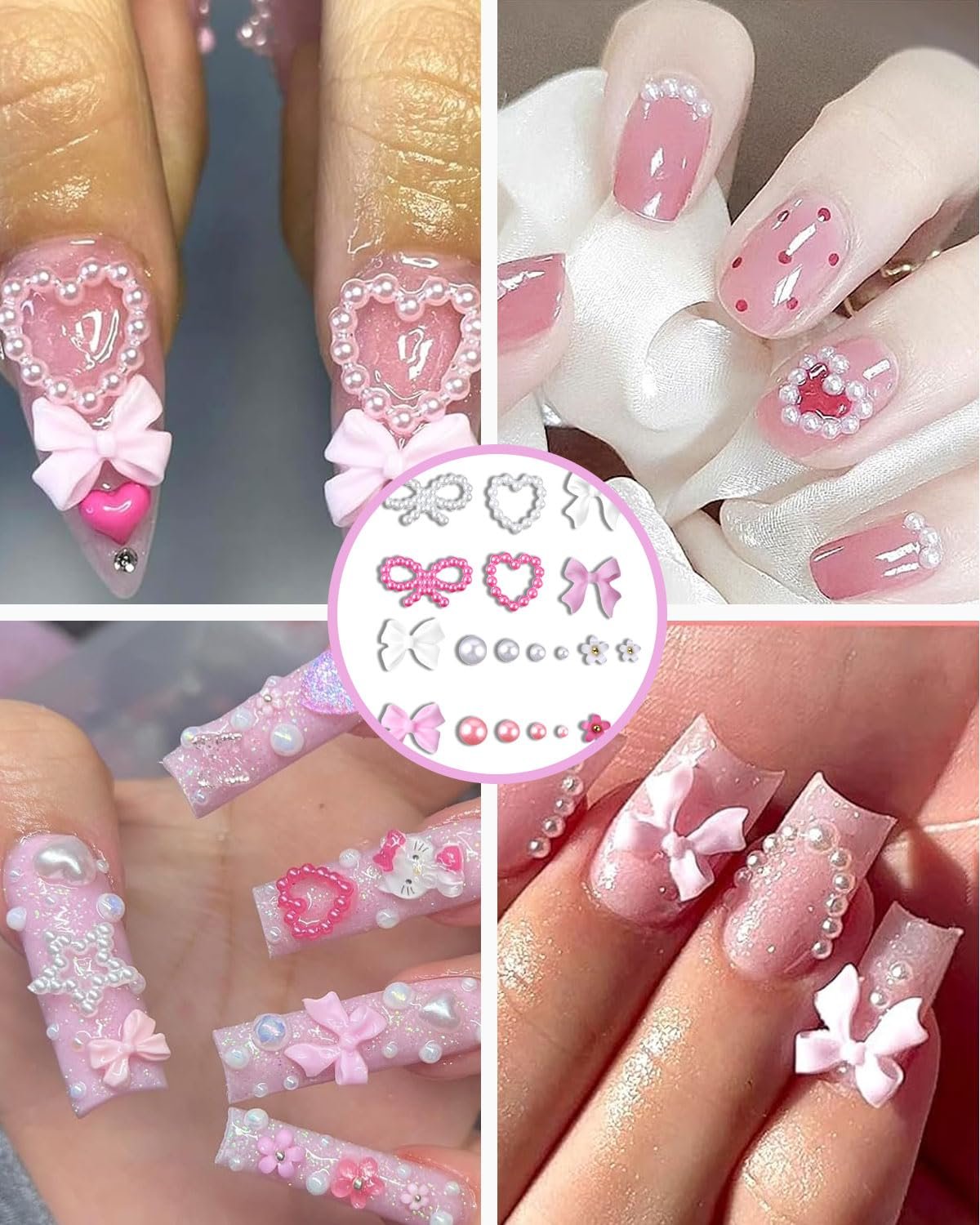 Набор 3D украшений для ногтей, 1000 шт, 9 цветов: бантики, цветочки, звездочки, сердечки, заклепки, стразы для маникюра, жемчуг искусственный, фото №6