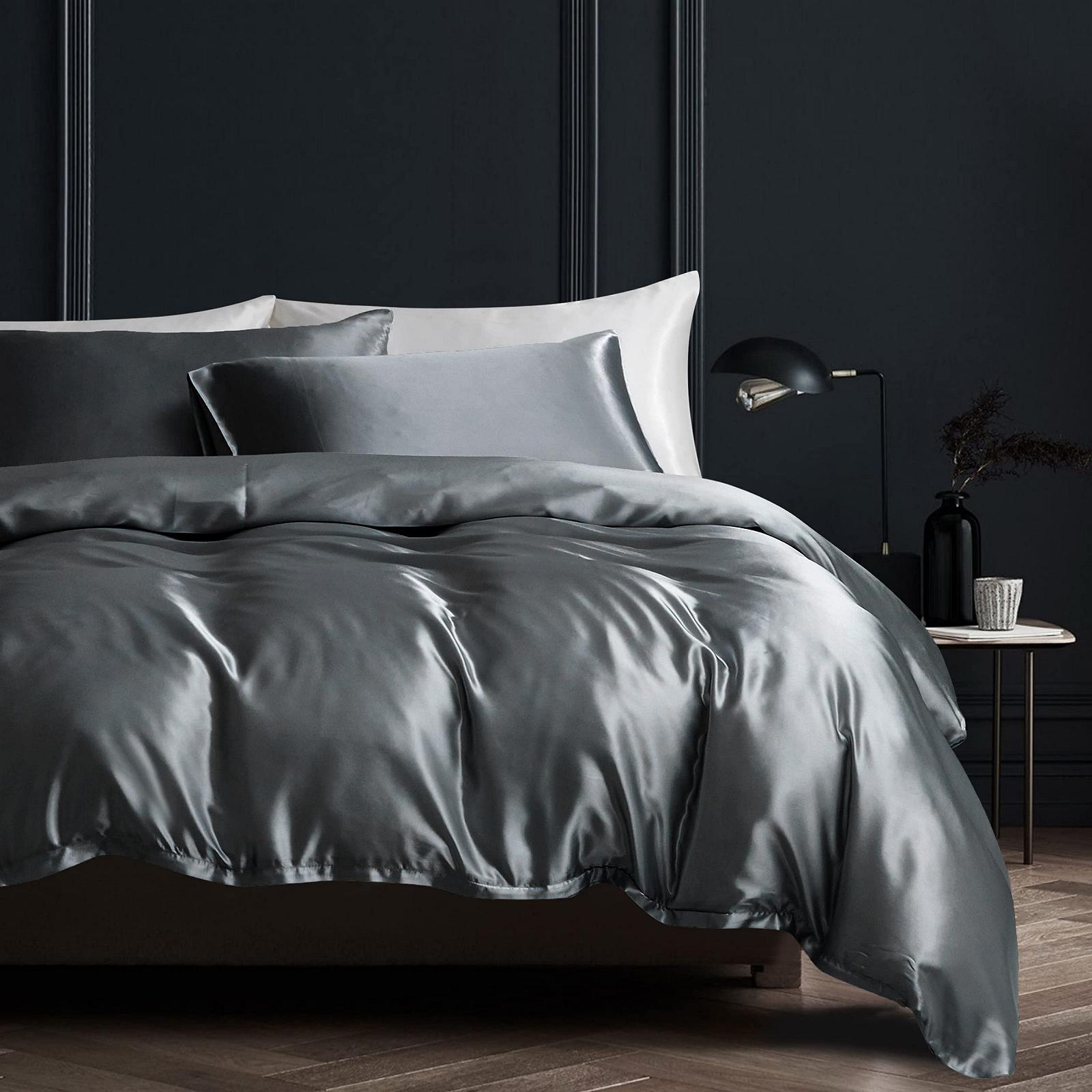 Постільна білизна Damier Satin 200 x 200 см темно-сірий антрацит блискучий шовковий комплект постільної білизни з 3-х предметів високоякісний глянсовий сатин розкішна підковдра на блискавці та 2 наволочки 80 x 80 см, фото №1