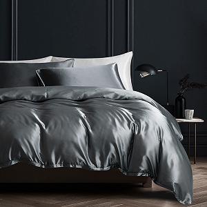 Постільна білизна Damier Satin 200 x 200 см темно-сірий антрацит блискучий шовковий комплект постільної білизни з 3-х предметів високоякісний глянсовий сатин розкішна підковдра на блискавці та 2 наволочки 80 x 80 см - Фото 1