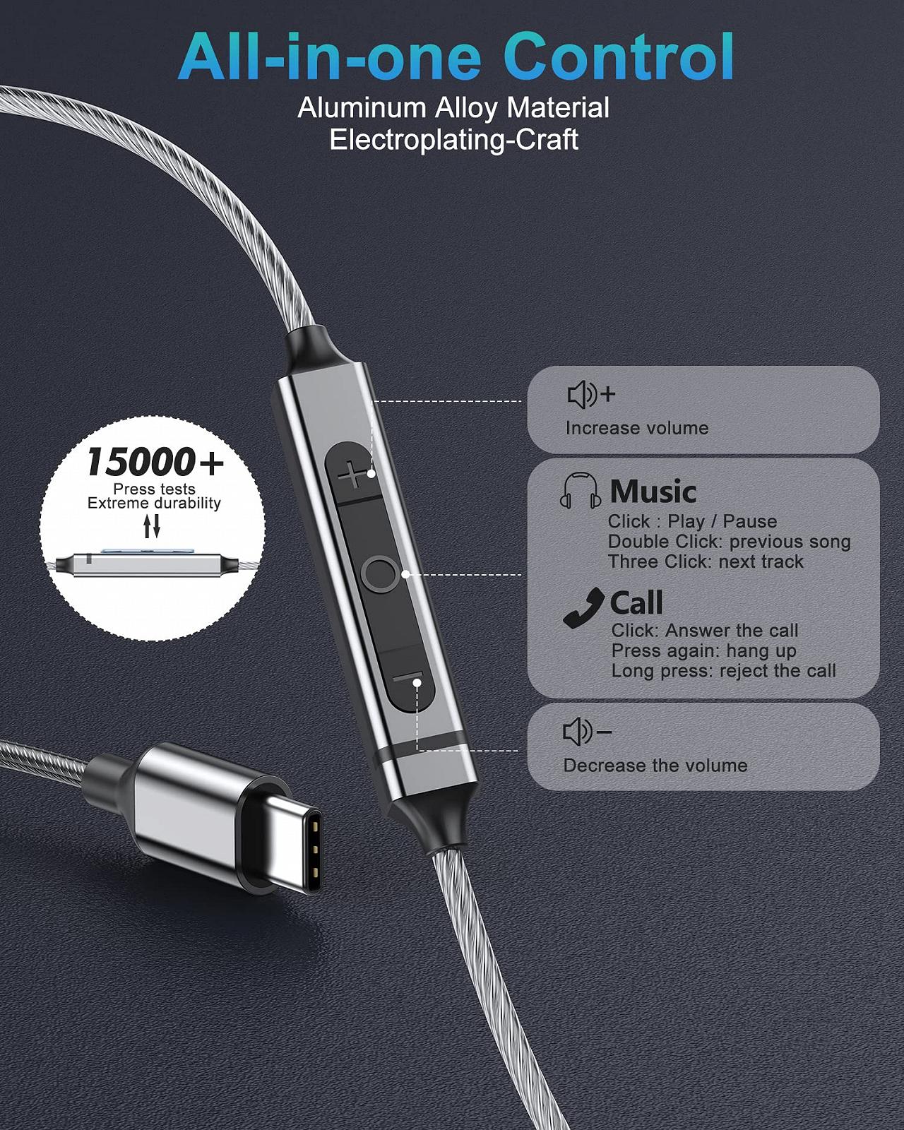 USB-C наушники In-Ear USB C Bass Stereo Noise Isolating с микрофоном USB C порт для Samsung S23 S24 S22 S21 S20 A54 iPad Pro Pixel 7 6a OnePlus 9, фото №5