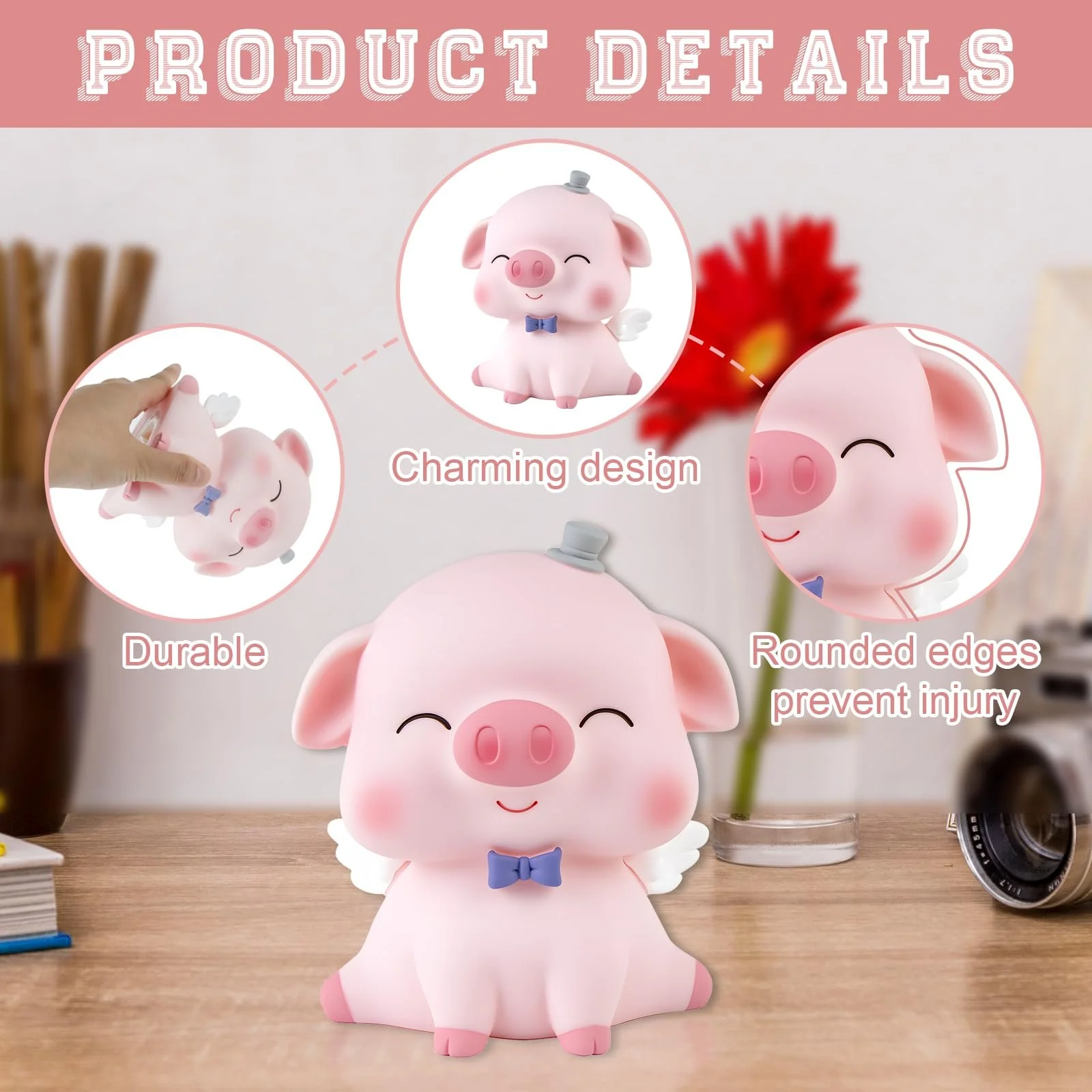 Скарбничка дитяча у формі поросяти з великим слотом рожева, фото №4