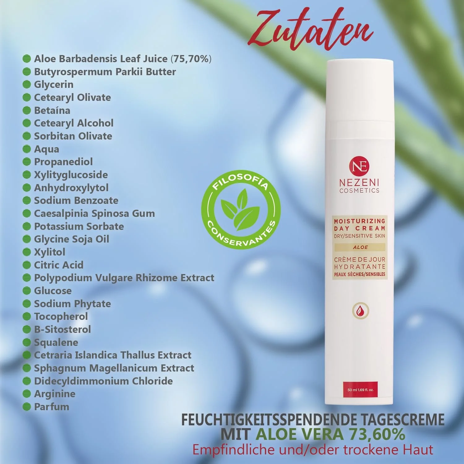 Денний крем Nezeni Aloe Vera 75.70% для сухої та чутливої шкіри зволожувальний з 18 активними інгредієнтами, фото №3