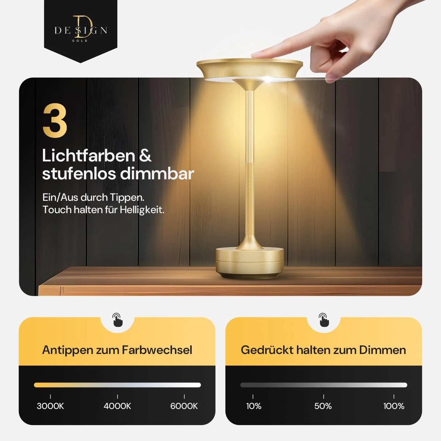 Настольная лампа LED Wireless Battery Dimmable USB-C 3 Light Colours IP54 Indoor and Outdoor Золотистая, фото №4