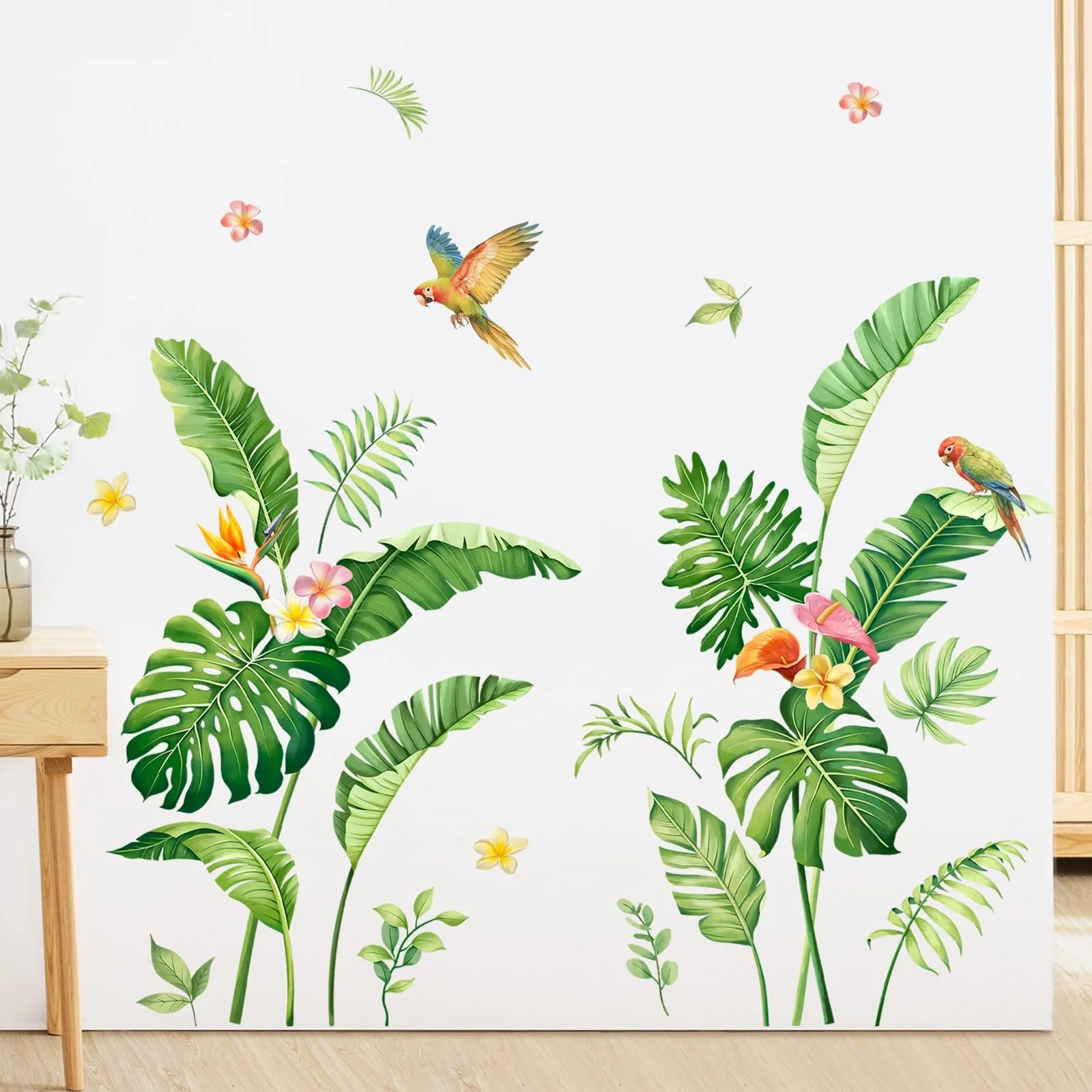 Наклейка на стіну Supzone Тропічне листя Пальма Монстера Квіти Птахи Зелена, фото №1