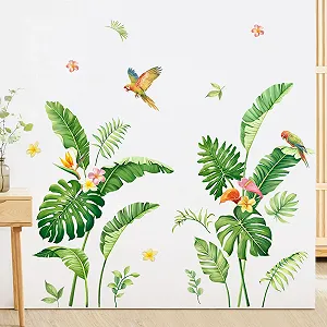 Наклейка на стіну Supzone Тропічне листя Пальма Монстера Квіти Птахи Зелена - Фото 1