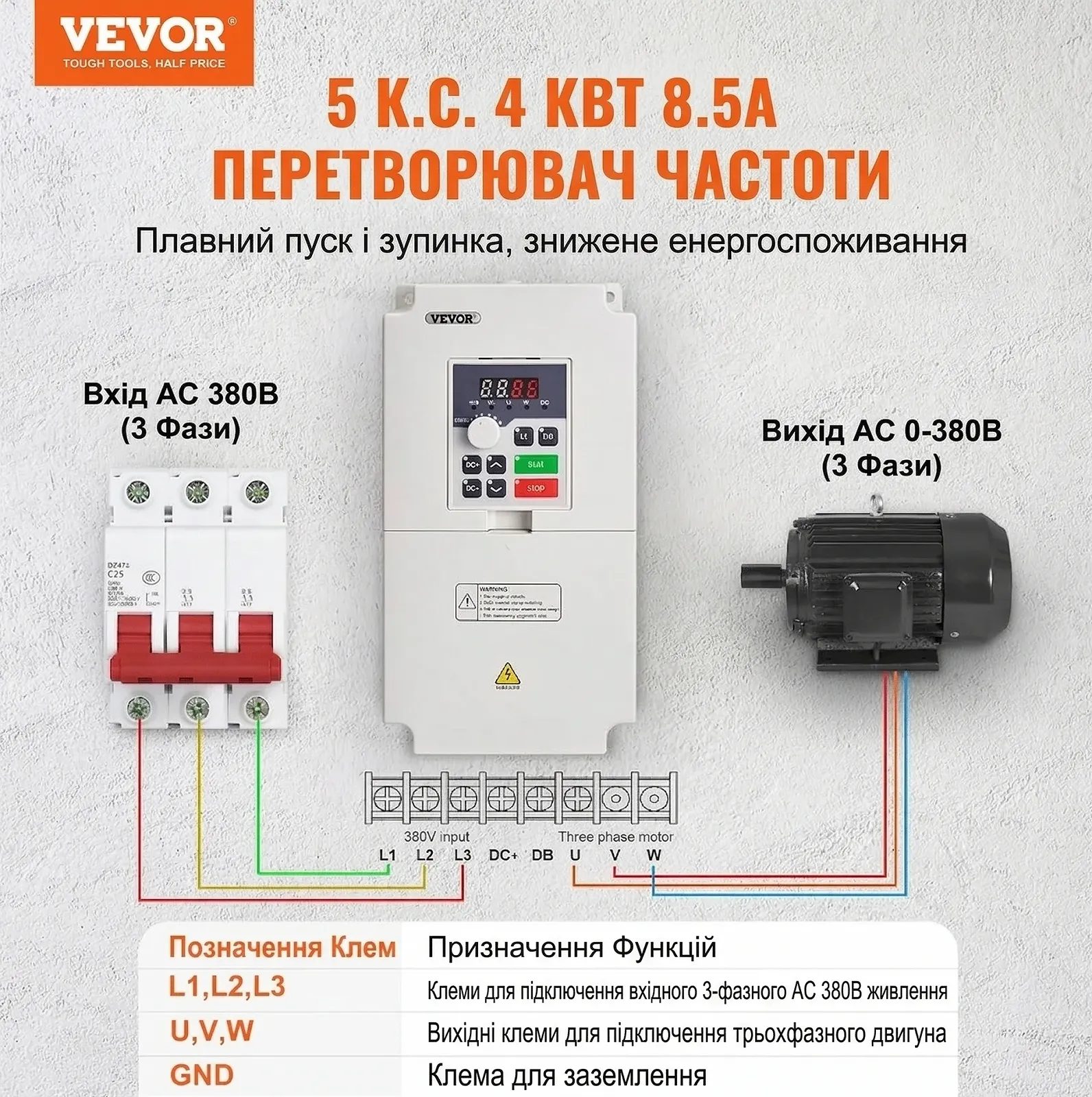 Частотный преобразователь VEVOR 4кВт / 380В / 8.5А / 0-2000Гц / для ЧПУ и асинхронных двигателей / Серый, фото №7