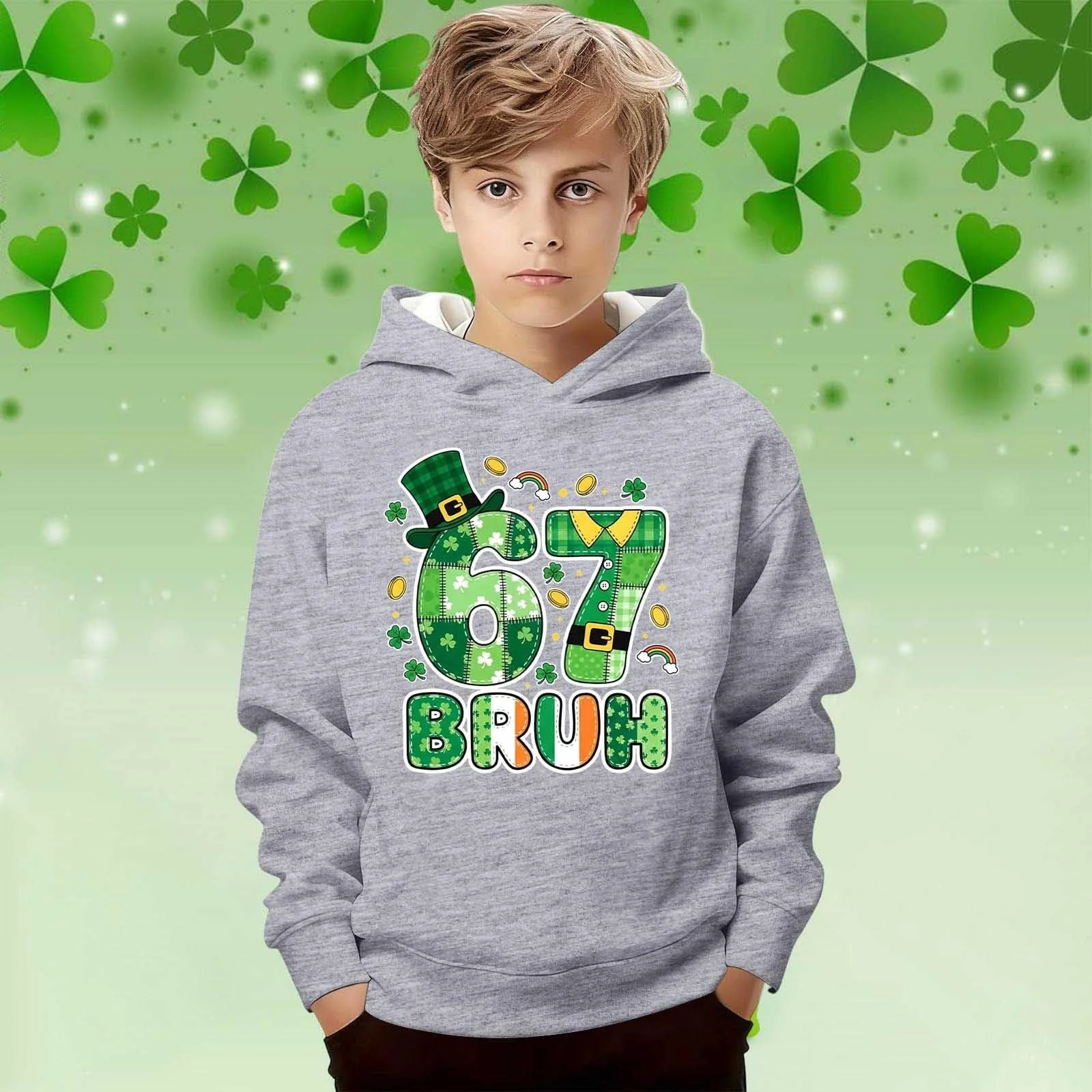 Худи Six Seven Meme Y2K St. Patrick's Day с длинными рукавами и принтом 67, пуловер, повседневная свободная толстовка, подростковый пуловер для мальчиков и девочек, модный джемпер, фото №5