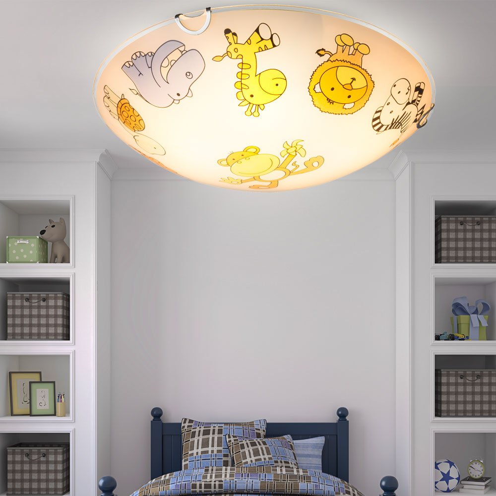 Лампа GLOBO LIGHTING Kinderleuchte Deckenlampe скло, дзеркальна, кольорове скло з зображеннями тварин 2x E27 30x6,5 см, фото №3 Лампа GLOBO LIGHTING Kinderleuchte Deckenlampe скло, дзеркальна, кольорове скло з зображеннями тварин 2x E27 30x6,5 см, фото №3