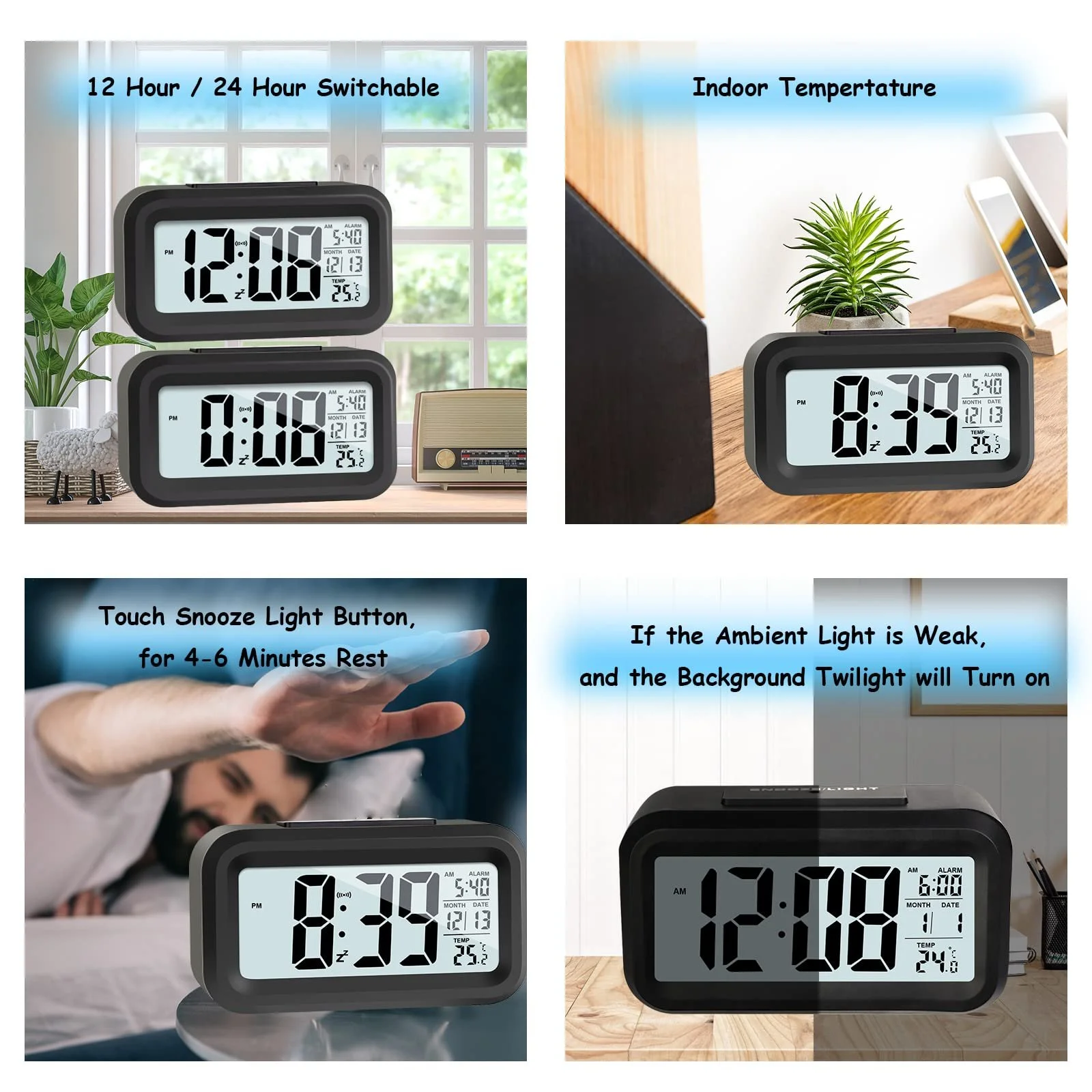 Цифровий LCD Будильник JOPHEK з температурою, функцією повтору сигналу, керуванням освітленням, фото №5