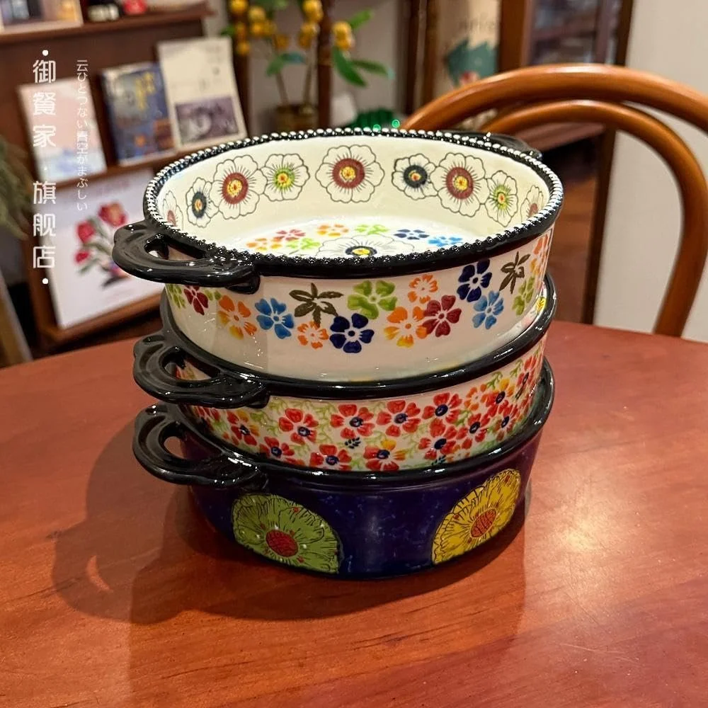 Форма для запекания керамическая круглая винтажная 950 мл с двумя ручками, фото №3