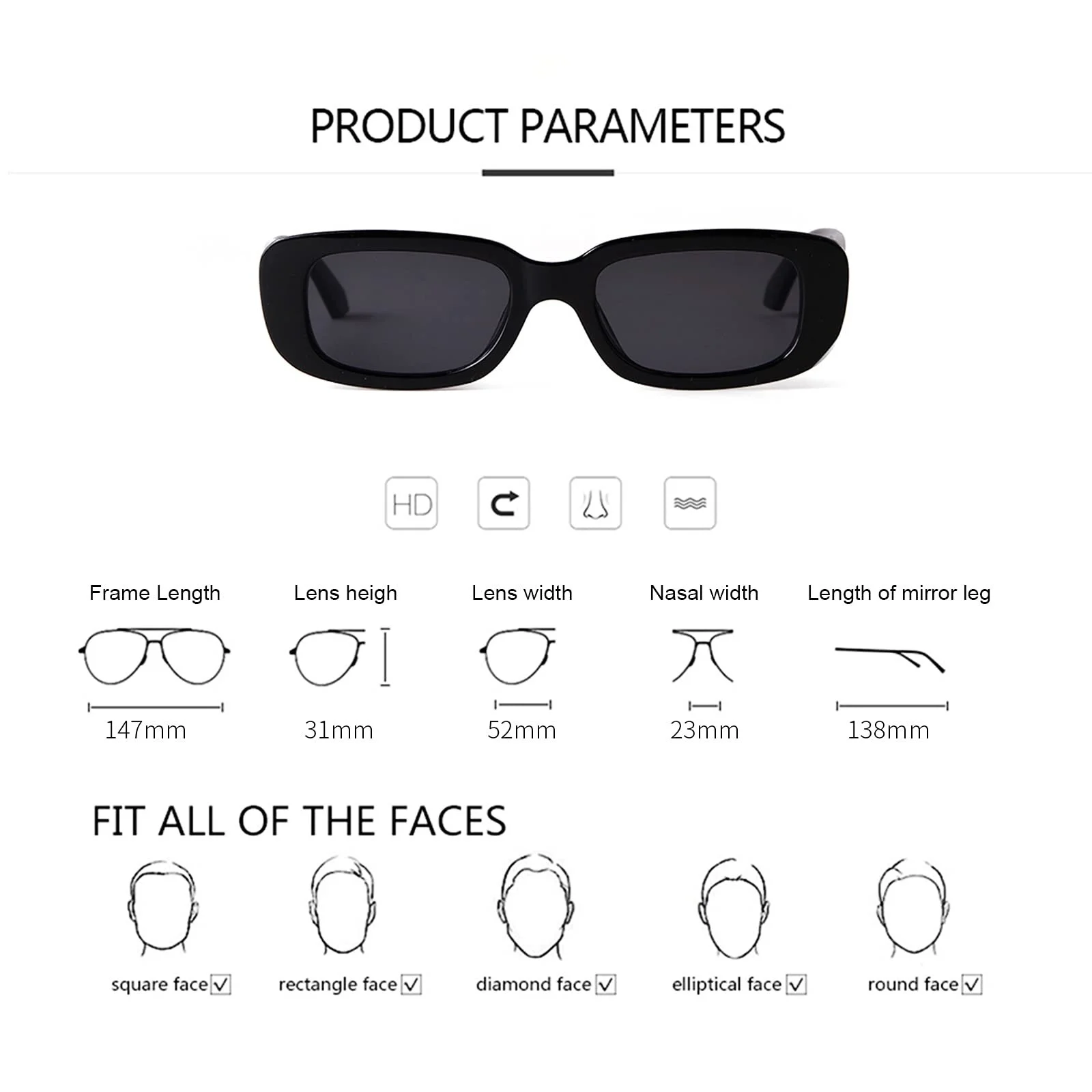 Сонцезахисні окуляри Прямокутні ADEWU Slim для жінок і чоловіків, у стилі ретро 90-х, із захистом від ультрафіолету, вінтажні, фото №2