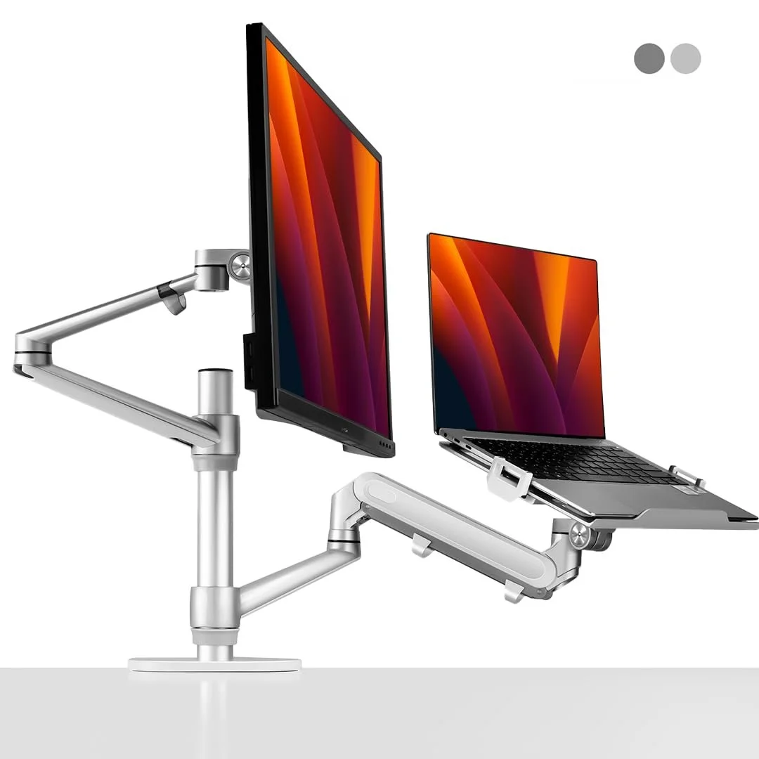 Держатель 2-в-1 для ноутбука и монитора Alberenz с газовой пружиной, регулируемый двойной кронштейн для ноутбуков 12-17 дюймов и мониторов 17-32 дюйма, серебристый, фото №1 Держатель 2-в-1 для ноутбука и монитора Alberenz с газовой пружиной, регулируемый двойной кронштейн для ноутбуков 12-17 дюймов и мониторов 17-32 дюйма, серебристый, фото №1