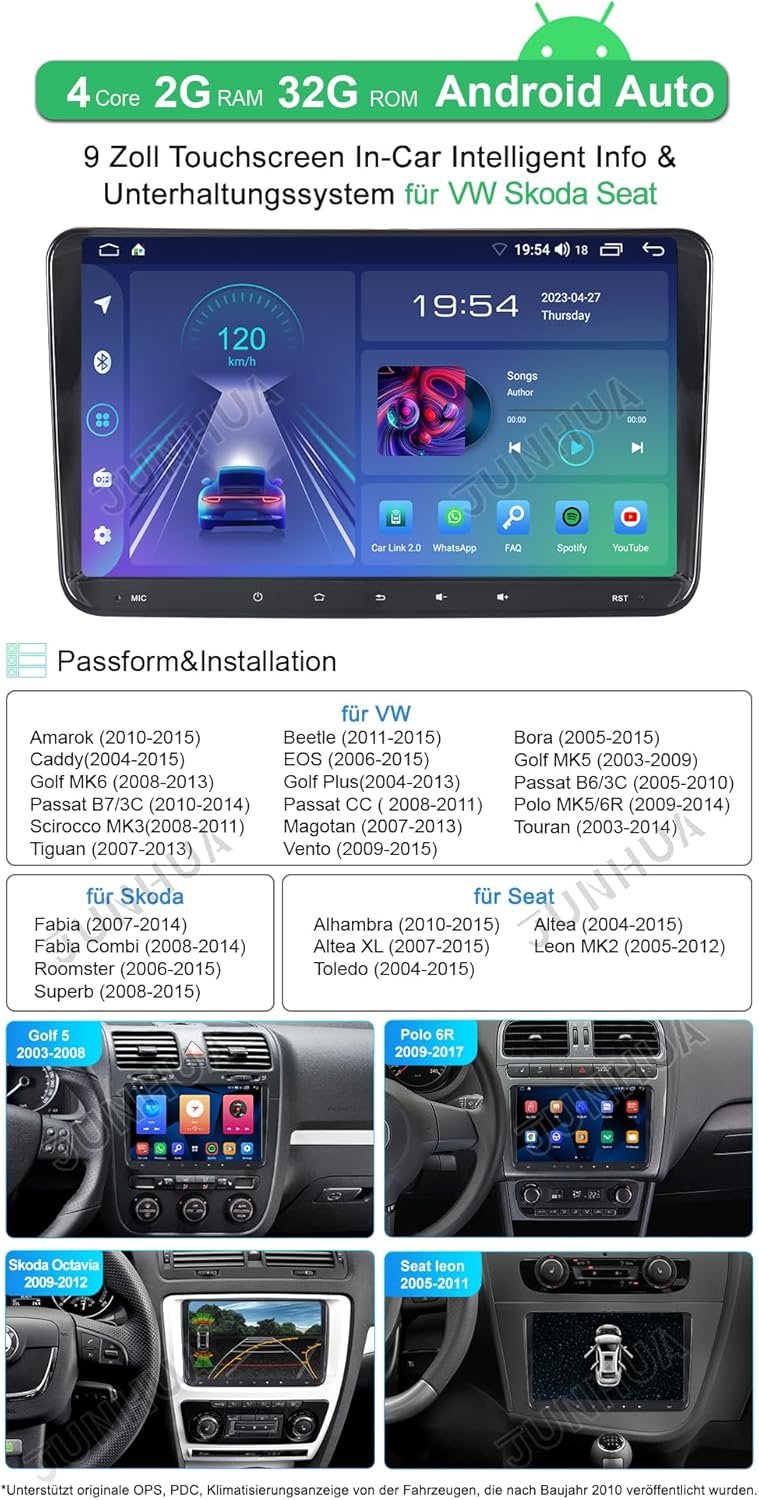 Штатная автомагнитола JUNHUA для VW Passat B6 Golf V VI 5 6 Polo cc Tiguan EOS Scirocco / 9" / Сенсорная / 2/32Гб / Android 12 / Apple CarPlay / Android Auto / Bluetooth / WI-FI / USB, фото №3