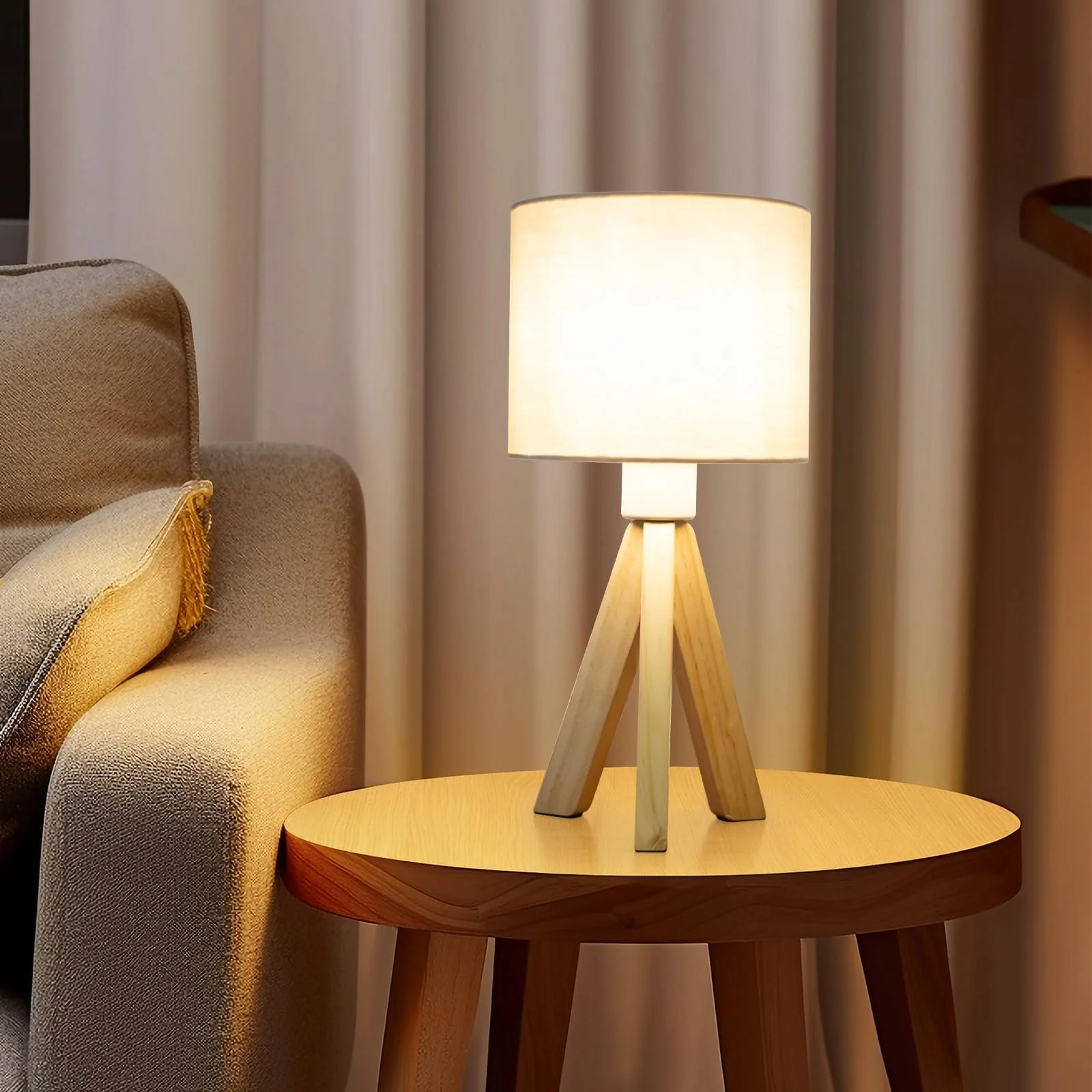 Настільна лампа Wooden Bedside Lamps вінтажна з лляним абажуром патрон E27 дизайн тринога, фото №6