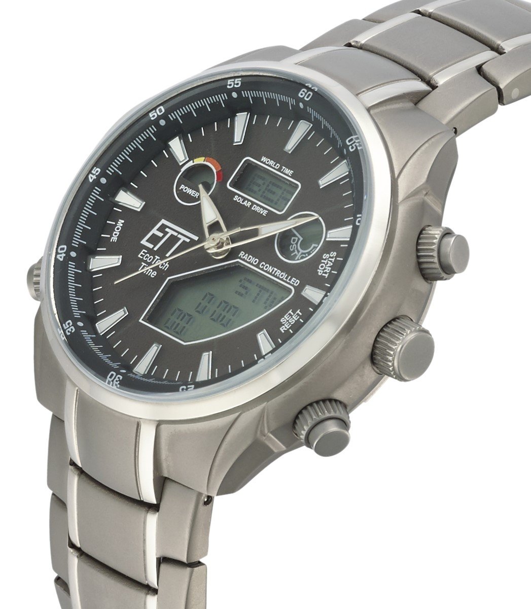 Чоловічий годинник ETT Eco Tech Time Хронограф Радіо Солнечний Мировий час EGT-11339-60M з титановим ремінцем, браслет, фото №2