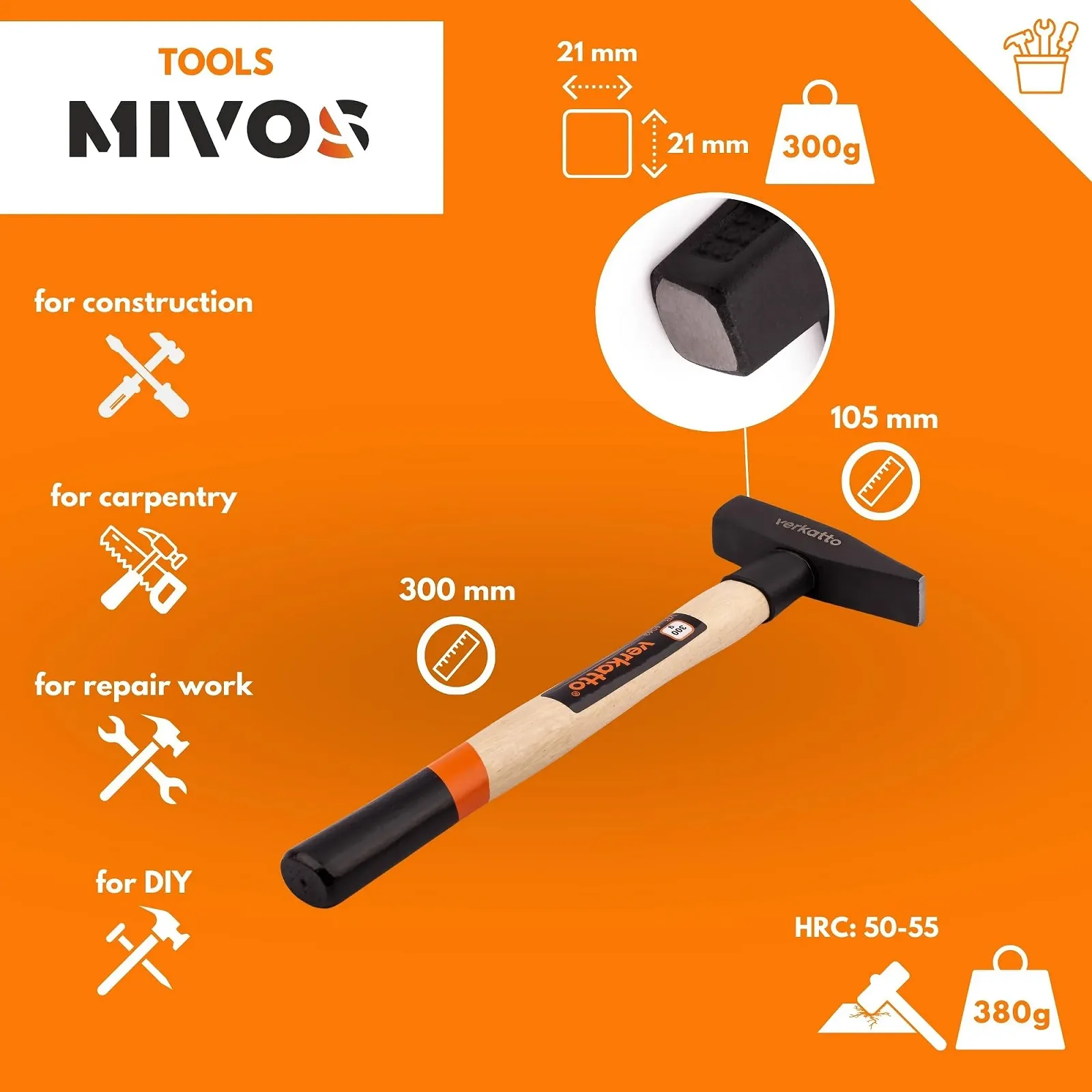 Слесарный молоток Mivos 300 г кованая головка деревянная ручка, фото №2