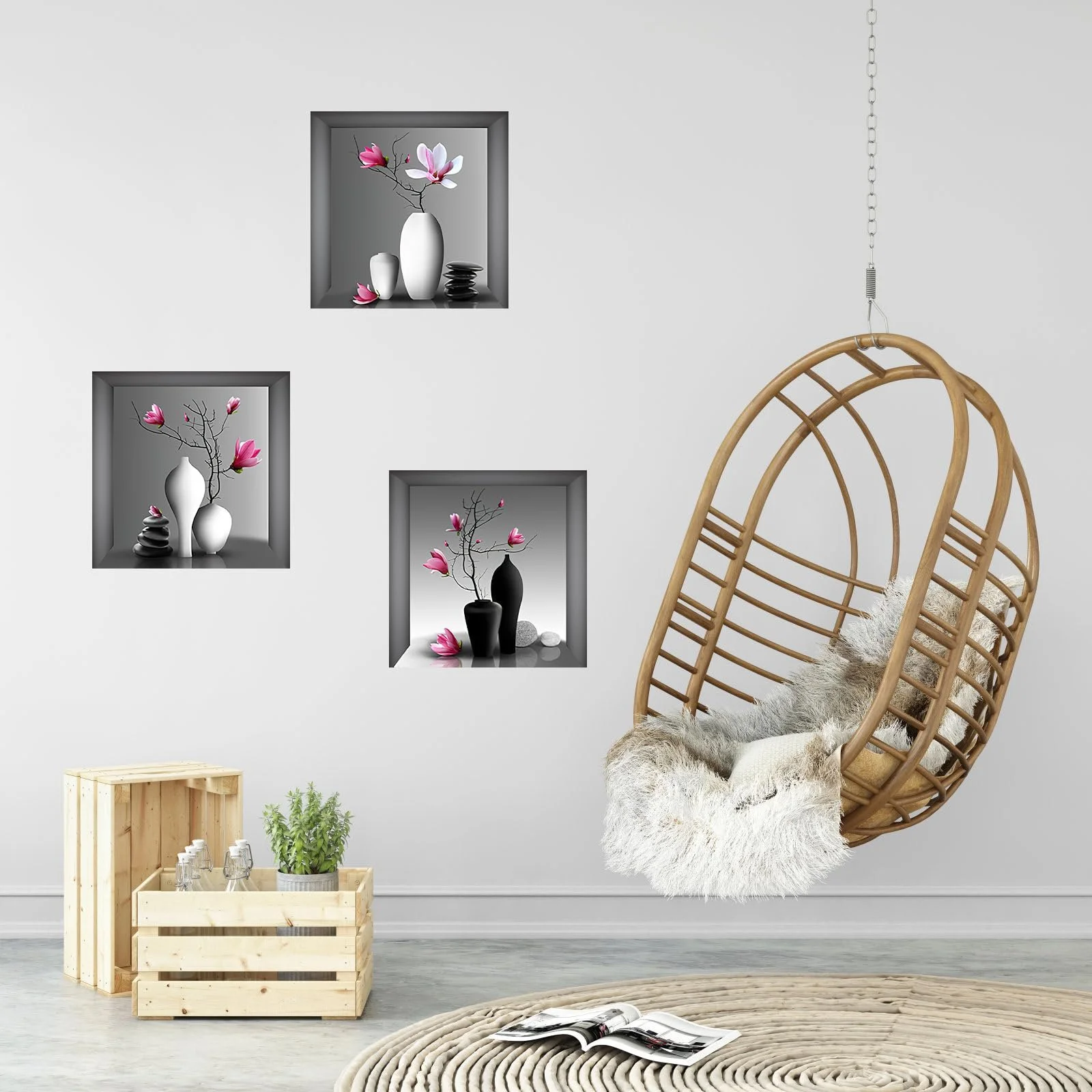 Наклейки на стіну UOCAI 3 штуки 3D Ваза з квітами 30 x 30 см, фото №5