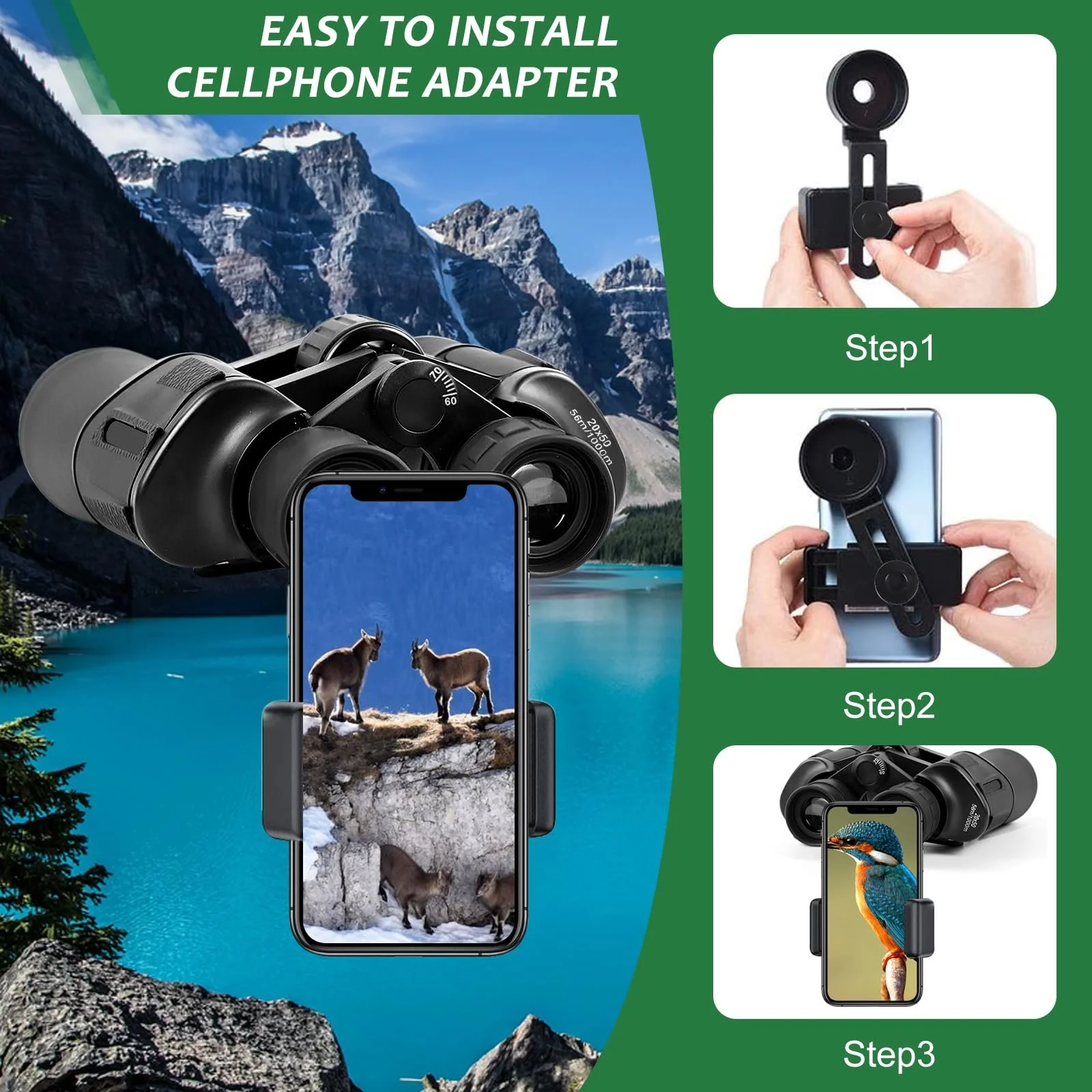 Бінокль HD 20 x 50 Waterproof з адаптером для смартфона, фото №6