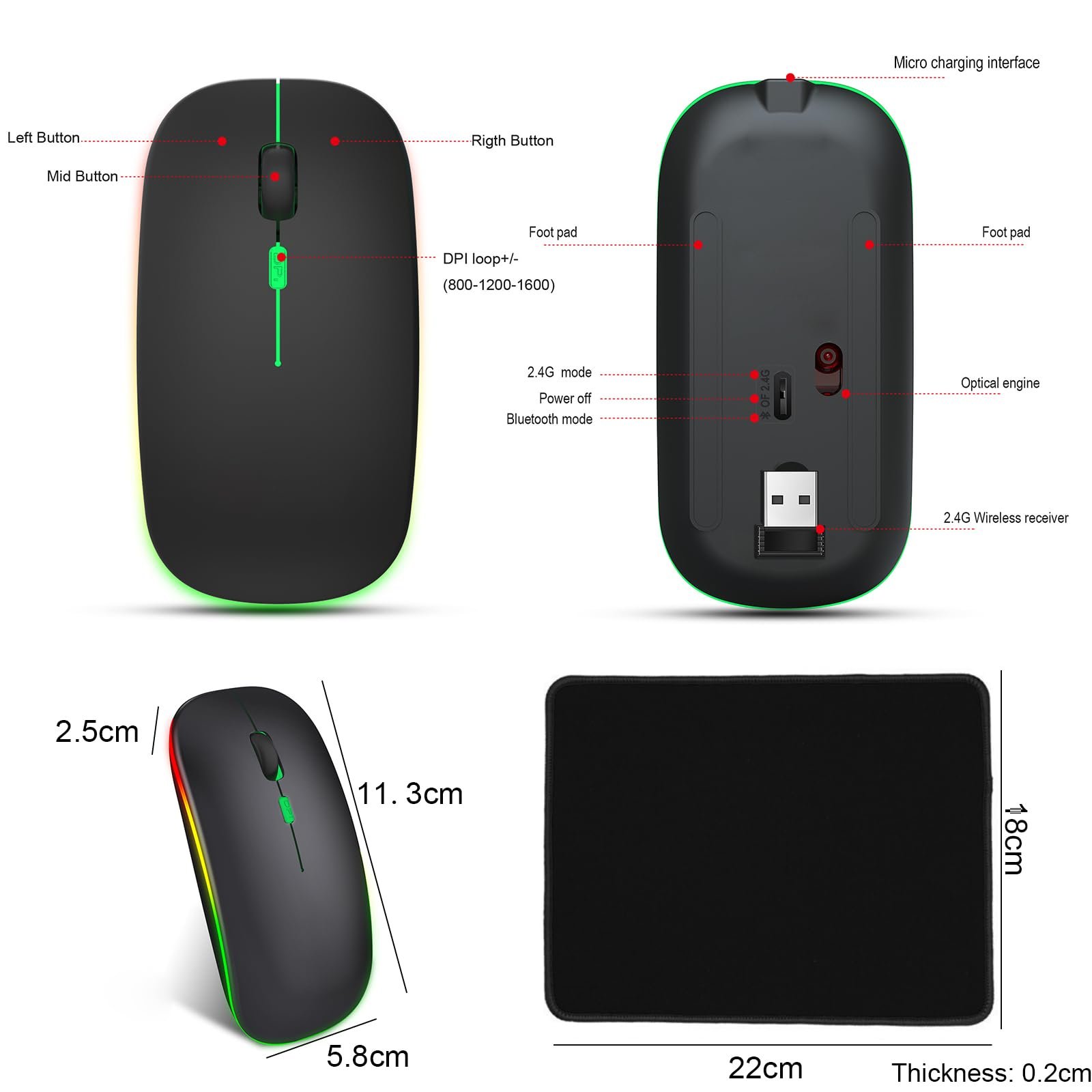 Мышь EasyULT Беспроводная, 2.4GHz USB, Bluetooth 5.1, Перезаряжаемая, 800-1200-1600 DPI, Оптическое отслеживание, Тонкая, С ковриком, Черная, фото №2
