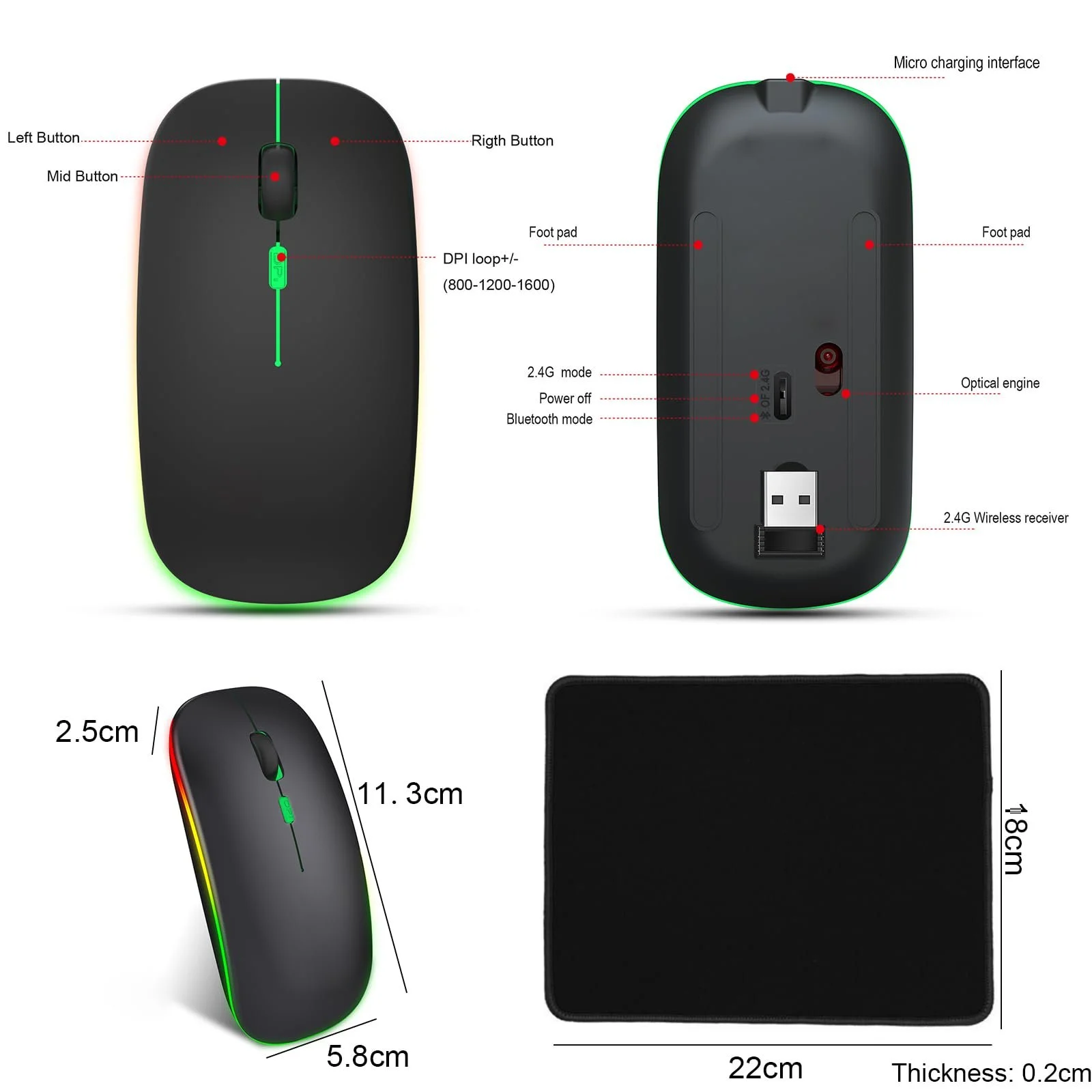 Мышь EasyULT Беспроводная, 2.4GHz USB, Bluetooth 5.1, Перезаряжаемая, 800-1200-1600 DPI, Оптическое отслеживание, Тонкая, С ковриком, Черная, фото №2