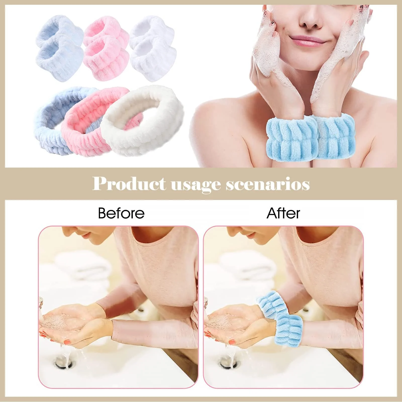 Набір з 9 предметів: спа пов'язка на голову, напульсники для вмивання, мікрофіброві, фото №4