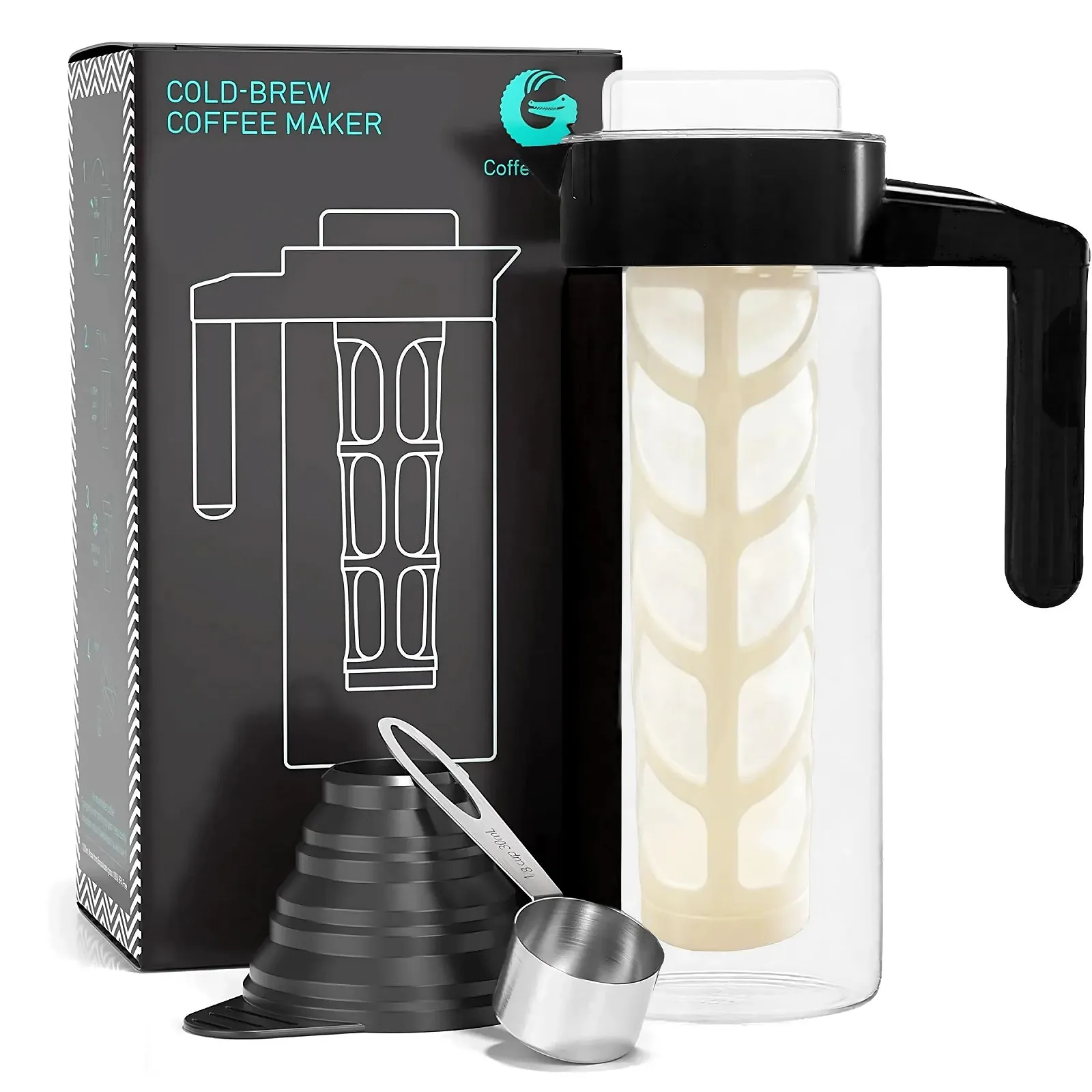 Кофейник Cold Brew 1.4 литра со стеклянной колбой - набор для приготовления Cold Brew, включающий фильтр, воронку и мерную ложку для холодного чая и кофе Cold Brew, фото №2