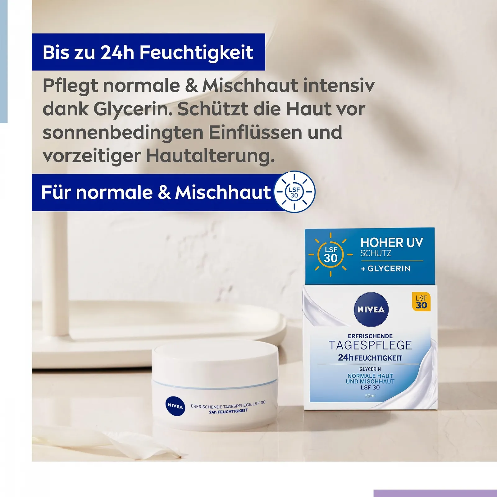Денний крем для обличчя Nivea Essentials 24год зволоження для нормальної та комбінованої шкіри SPF 30 50 мл, фото №3