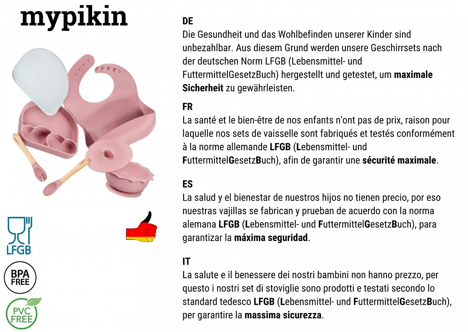 Набір дитячого посуду mypikin Рожевий, 5 предметів: тарілка, миска, слинявчик, виделка, ложка, кришки, фото №2