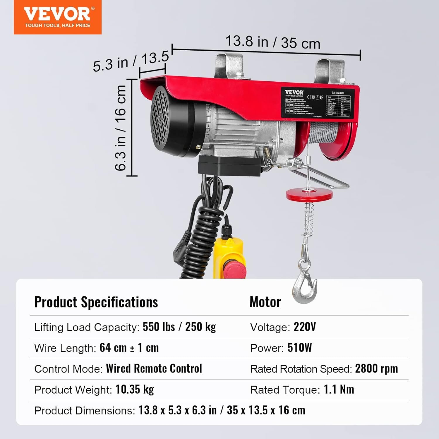 Электрическая лебедка VEVOR YX550-2 / 12 м / 510W / до 250 кг / 10 м/мин / Проводное управление / Красный, фото №2