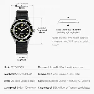 Дайверские часы Watchdives Мужские Винтажные WD50 Fathoms NH35 NH38 Автоматические Часы 40 мм Купольное Стекло 300 м Водонепроницаемые Дайверские Часы Черный Циферблат с Нейлоновым Ремнем synthetic.ua - Фото 1