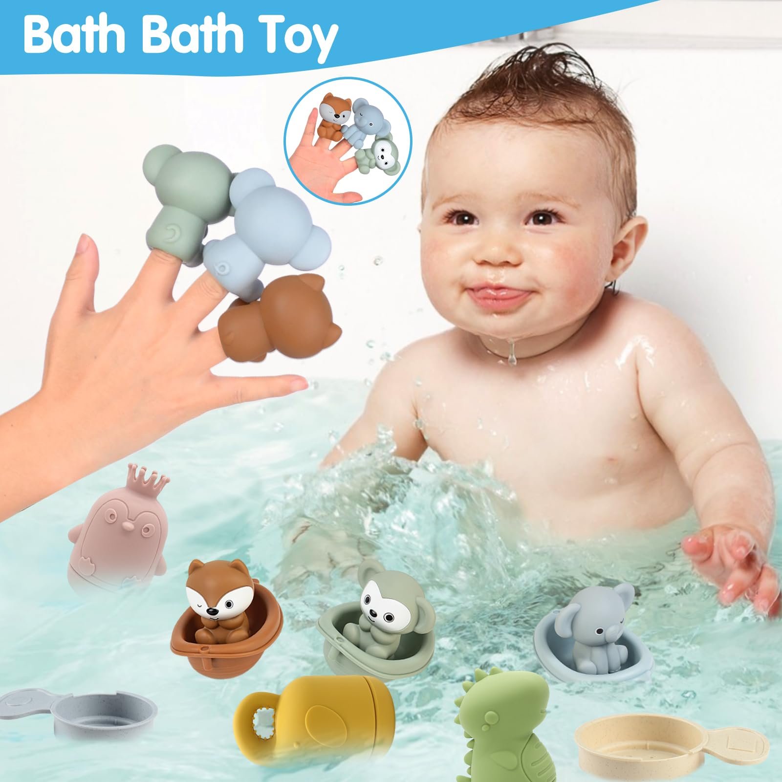 Набір іграшок для ванни з 16 предметів: Тварини, Ляльки на пальці, Човники, Ложки для ванни, фото №5