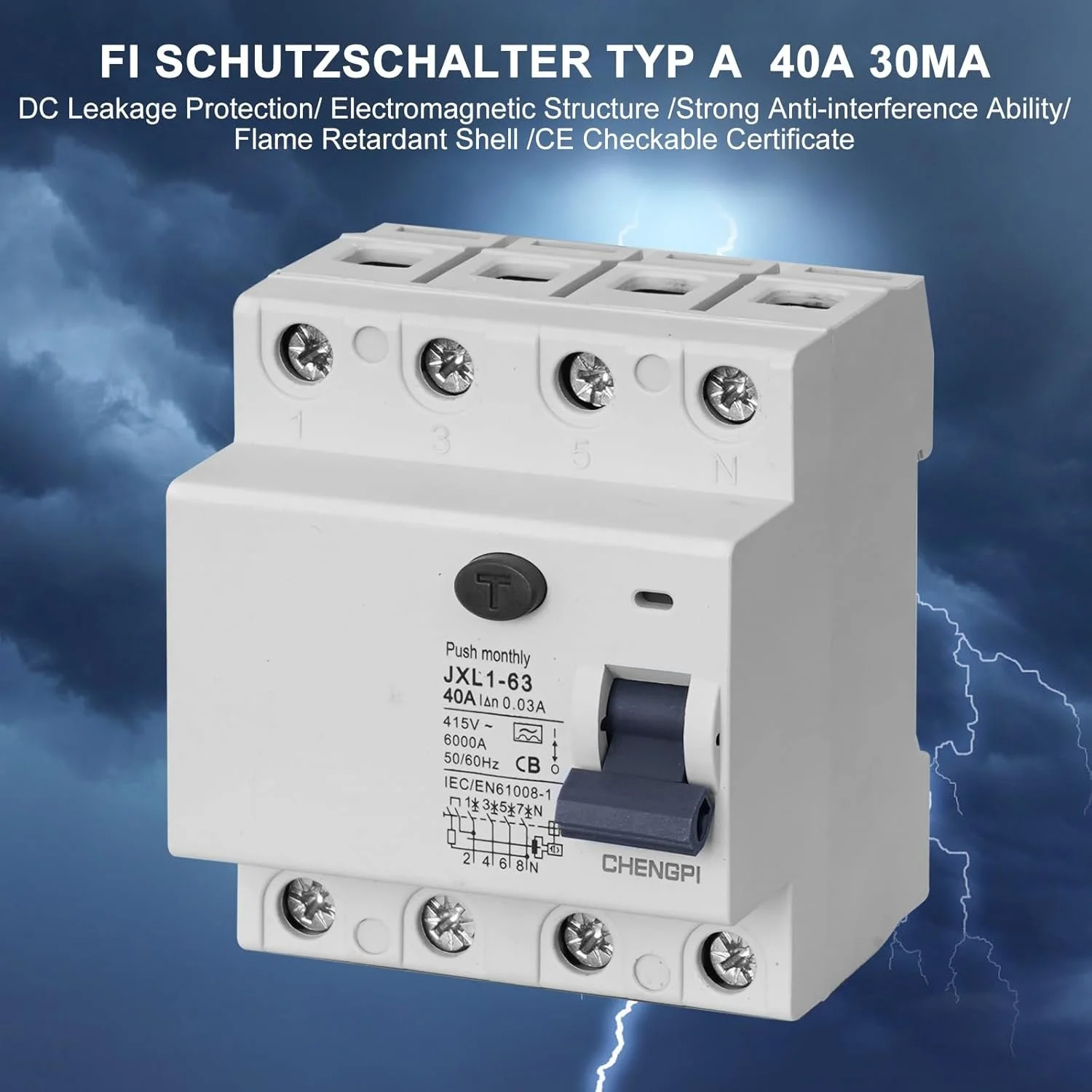 Розподільна коробка CHENGPI з 4-полюсним вимикачем A 40A 30mA FI RCD та запобіжниками B16 коробка запобіжників із 4-полюсним, фото №3