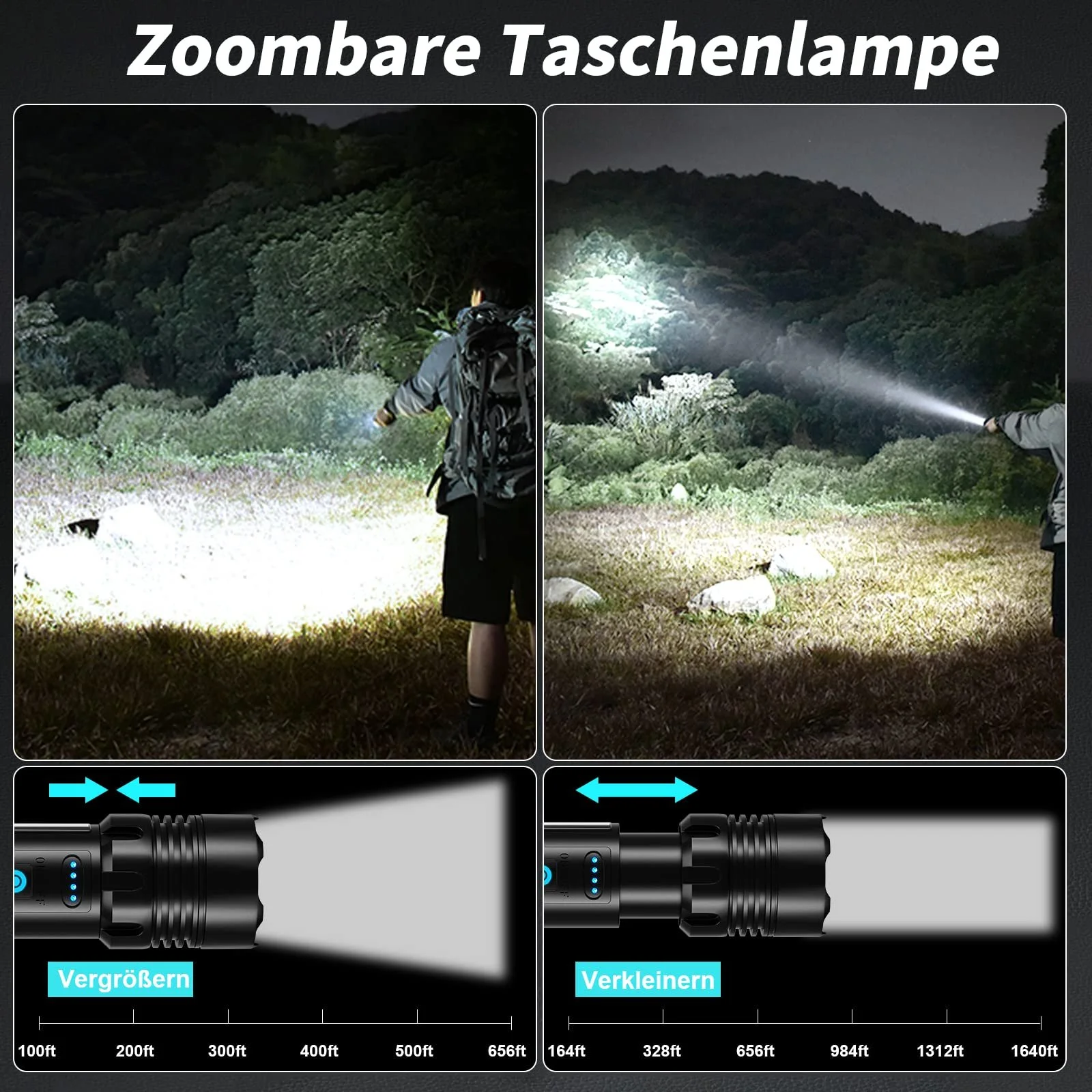 Світлодіодний ліхтар Cinlinso 500 000 люмен, тактичний, USB-C, акумуляторний, 7 режимів, масштабований, IPX6, з батареєю, фото №3