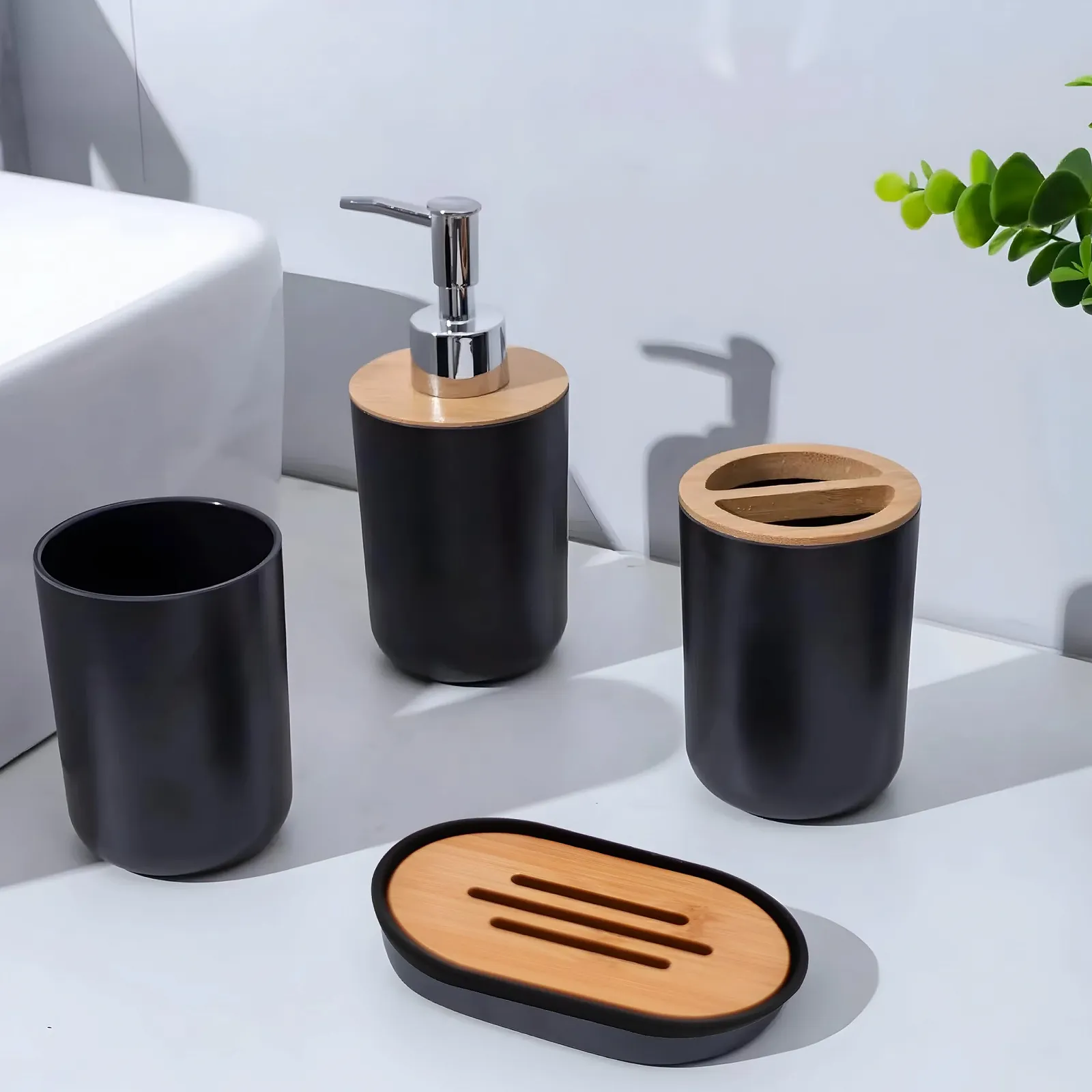 Набір для ванної кімнати Retoo 6 предметів, дозатор мила, тримач для зубних щіток, мильниця, склянка, органайзер, чорний колір, фото №3 Набір для ванної кімнати Retoo 6 предметів, дозатор мила, тримач для зубних щіток, мильниця, склянка, органайзер, чорний колір, фото №3