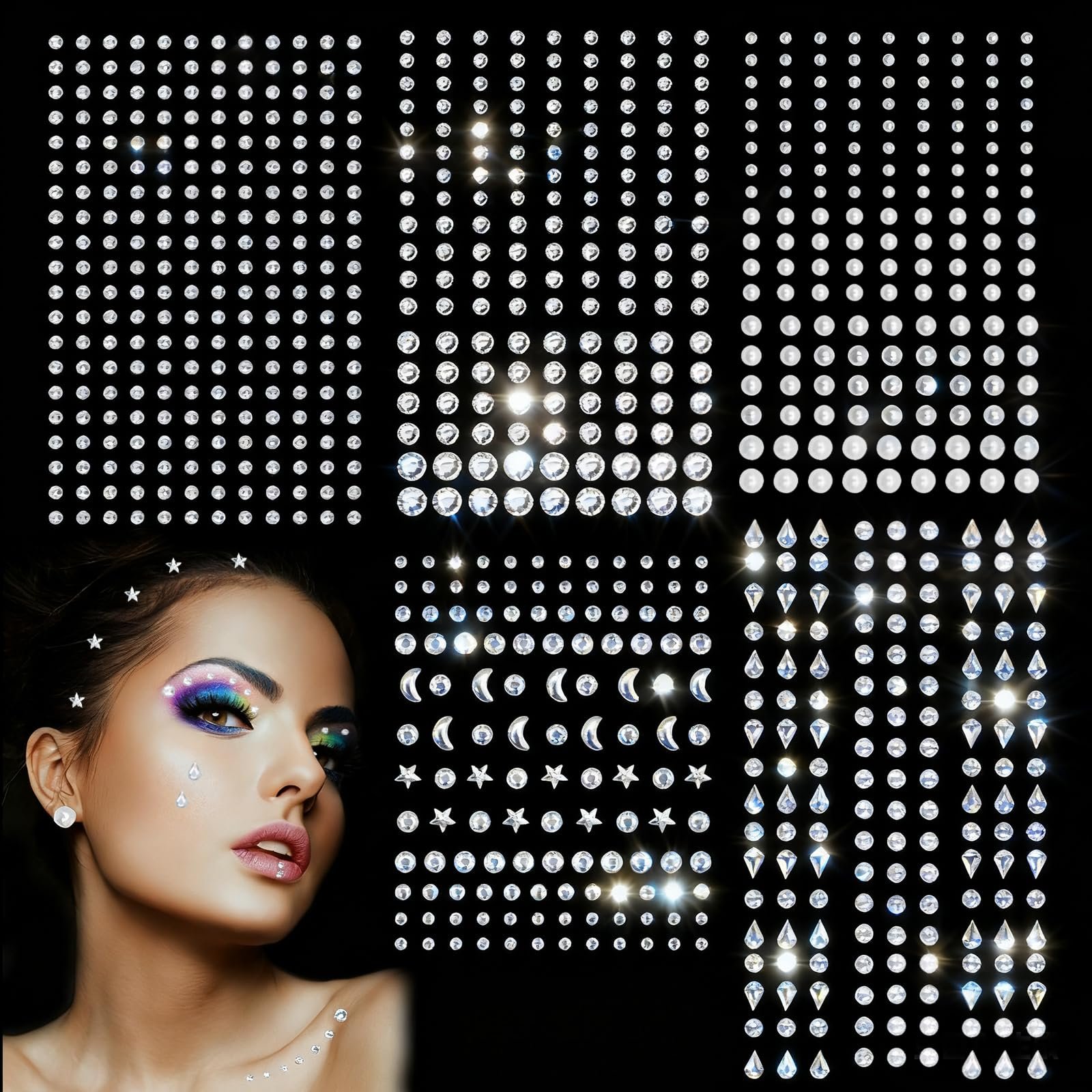 Блестки SPOKKI Камни для лица Блестки для лица Самоклеящиеся 792 шт Стразы Самоклеящиеся бусины для лица Глаза Тело Ногти для фестиваля Карнавал Макияж DIY Хэллоуин Рождественские украшения, фото №1