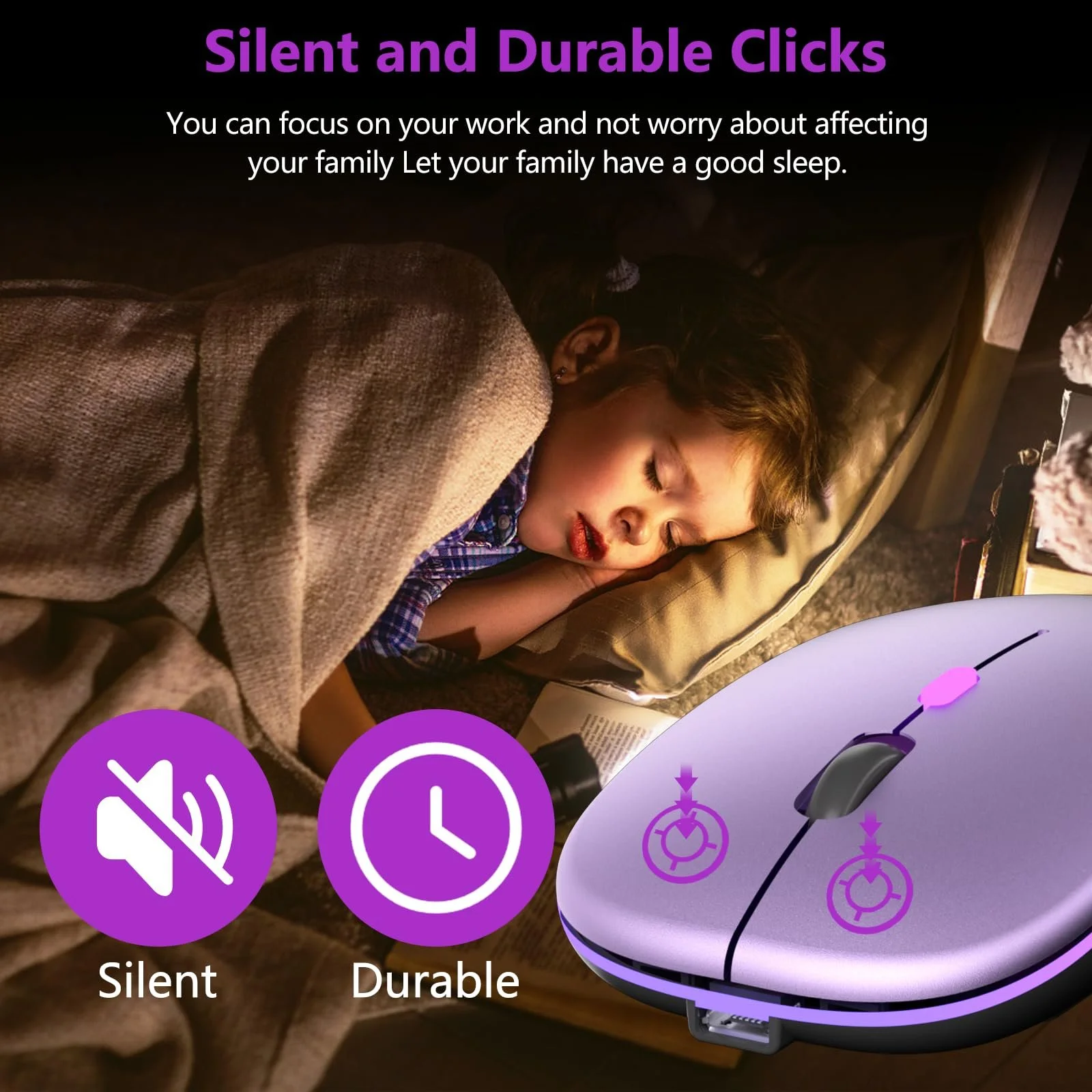 Мышь Беспроводная BQSS 2.4 GHz 1600 DPI Оптическое отслеживание Тихие щелчки Перезаряжаемая LED Светло-фиолетовый, фото №4