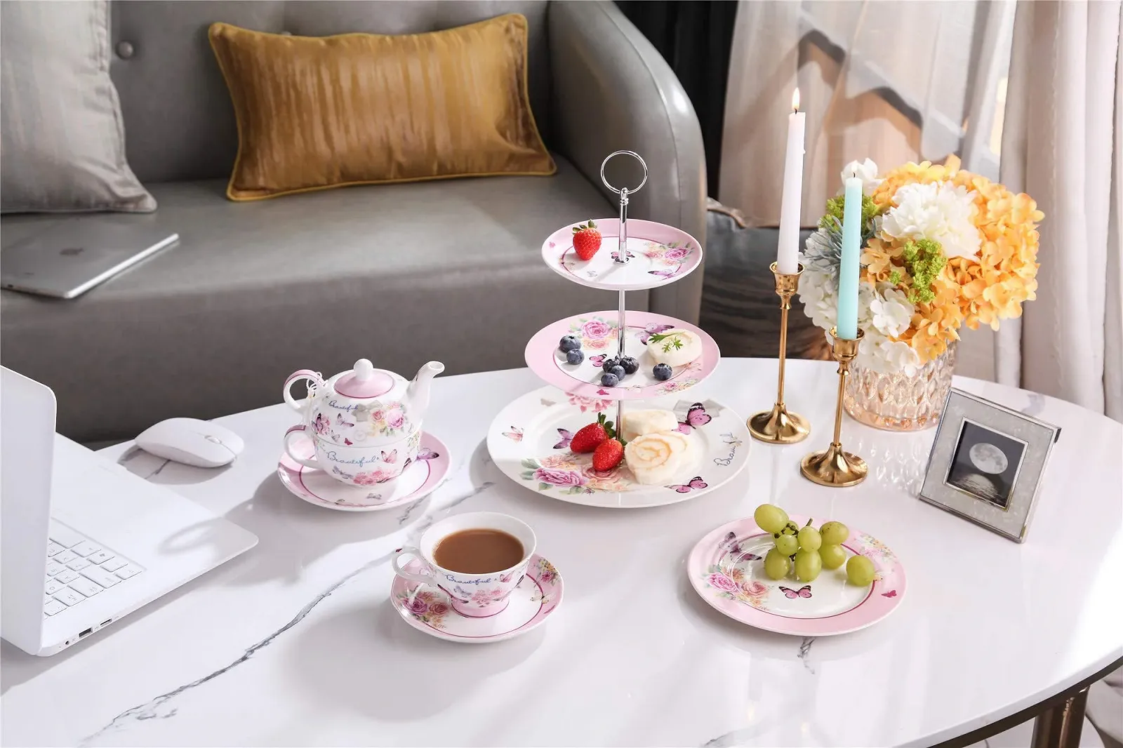 Чайник-заварник London Boutique Vintage Rose Lavender, чашка та блюдце, фото №7