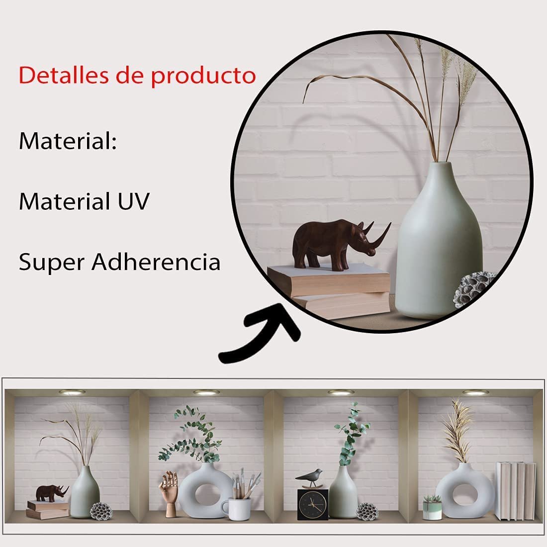 Наклейки на стіну Pack of 4 3D Vase Green Plants Вінілові Знімні Білий та Зелений, фото №7