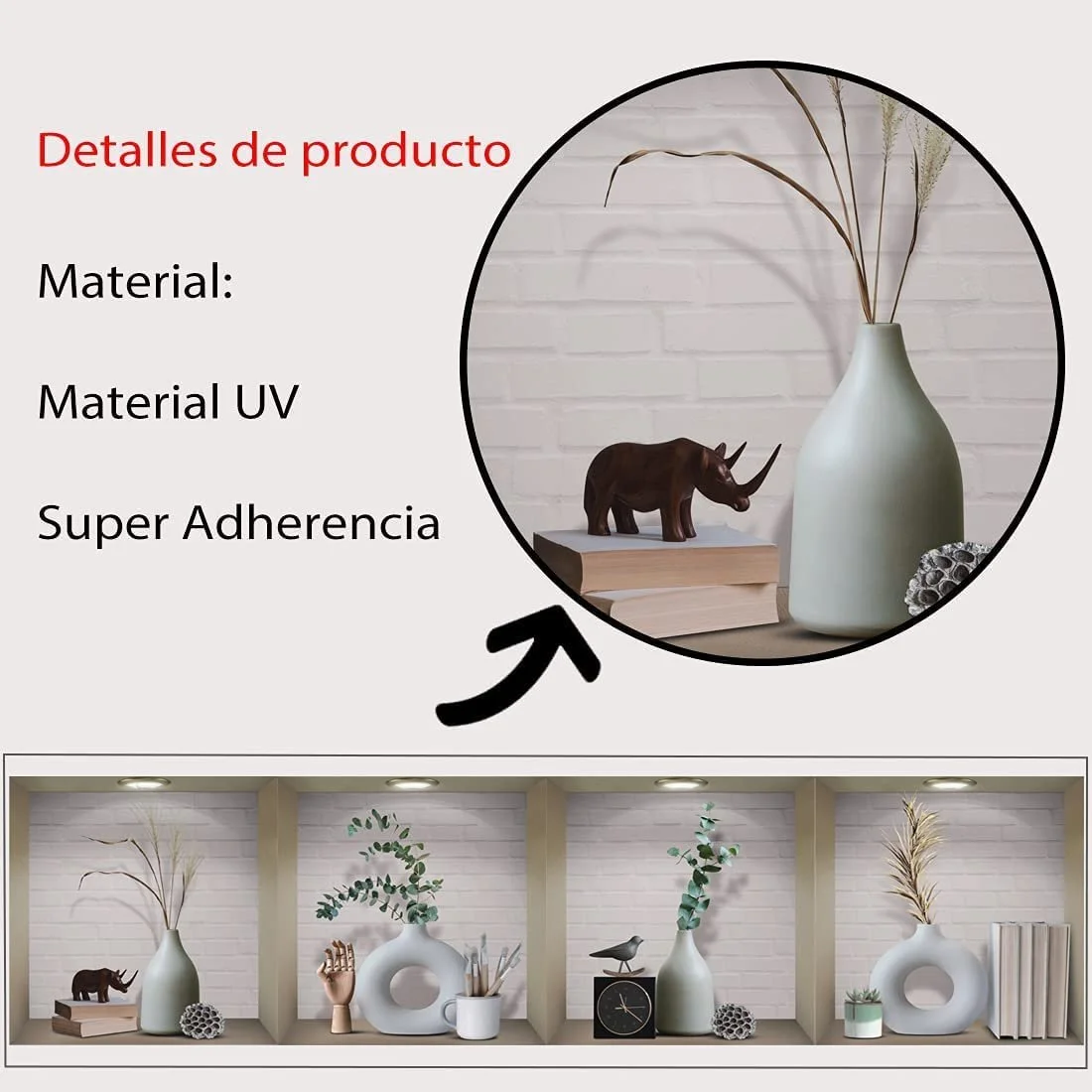 Наклейки на стену Pack of 4 3D Vase Green Plants Виниловые Съемные Белый и Зеленый, фото №7