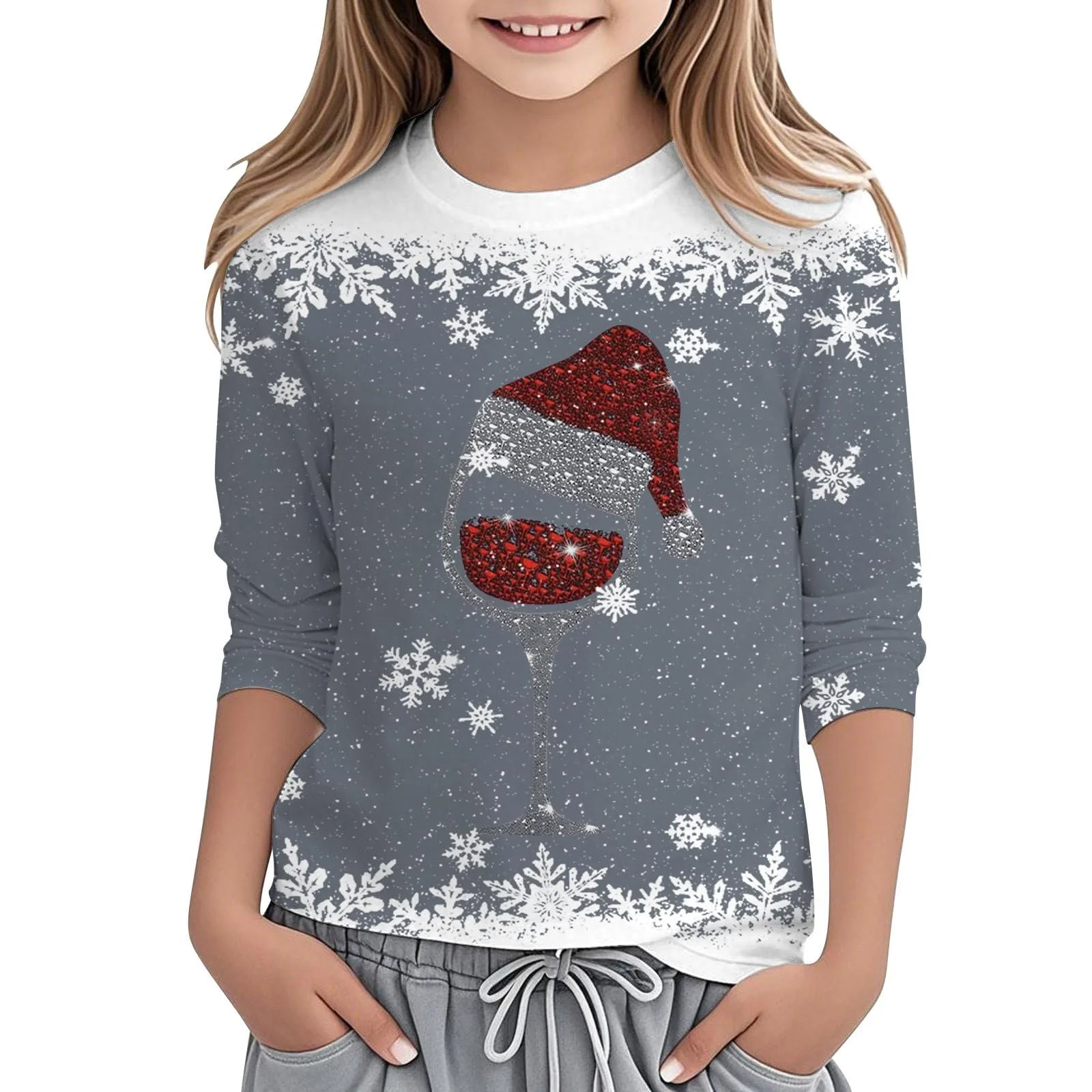 Детские светящиеся футболки с 3/4 рукавами для девочек и мальчиков, забавные рождественские графические принты, пуловер, повседневные свободные праздничные блузки, толстовка, фото №1