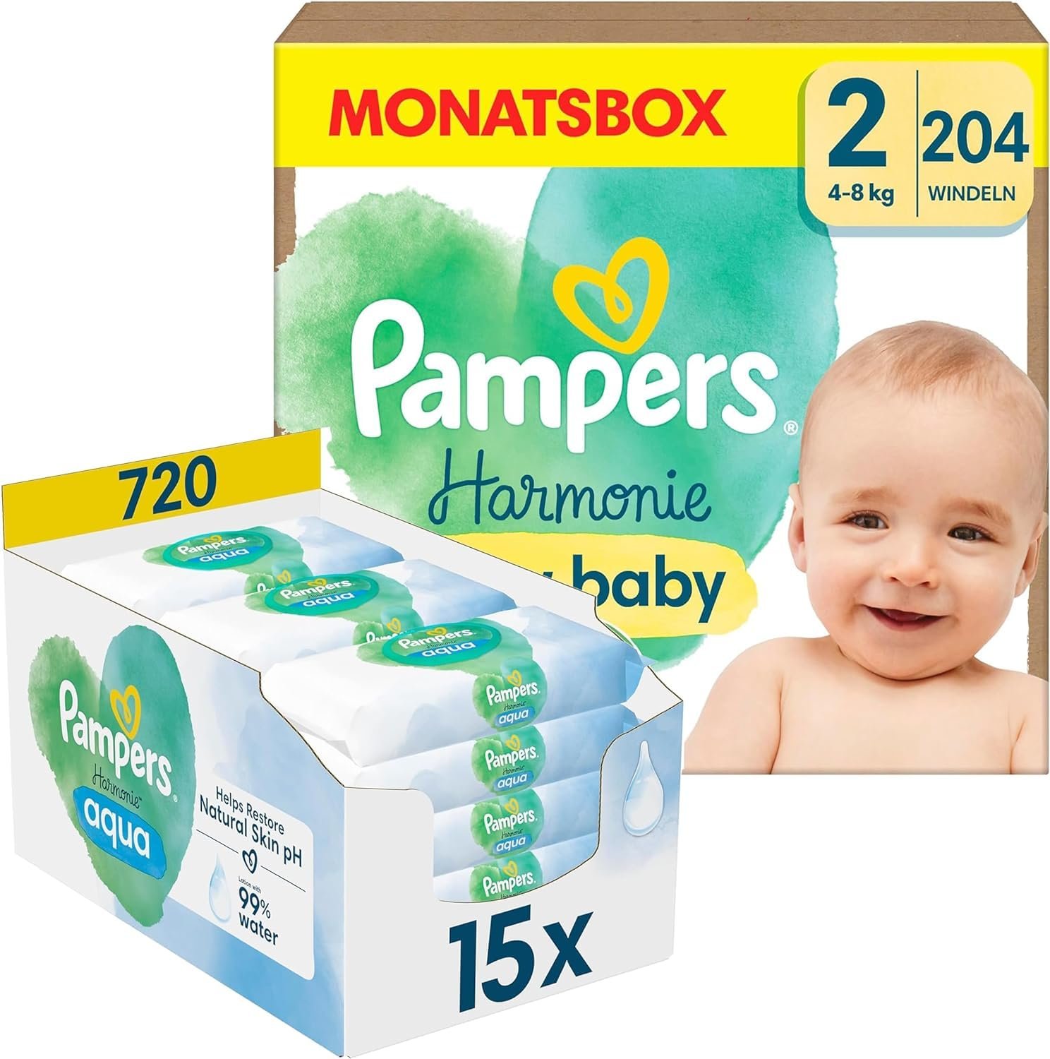 Комплект для малюків Harmony Aqua Pampers: підгузки Розмір 2 (4-8 кг, 204 шт.), щомісячний набір, вологі серветки Aqua Baby, 720 серветок (15 x 48), перше обладнання для малюків, фото №1